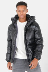 Faux leather pockets down jacket Black
