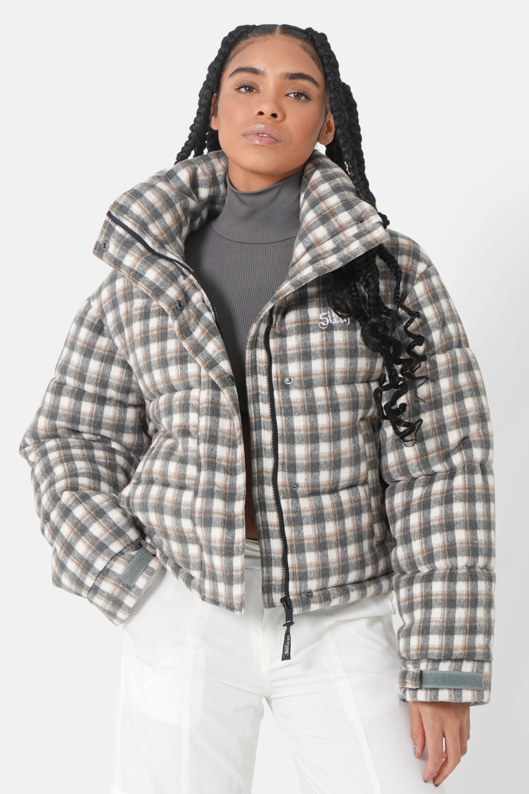 Tartan pattern curly patch down jacket Grey – Sixth June