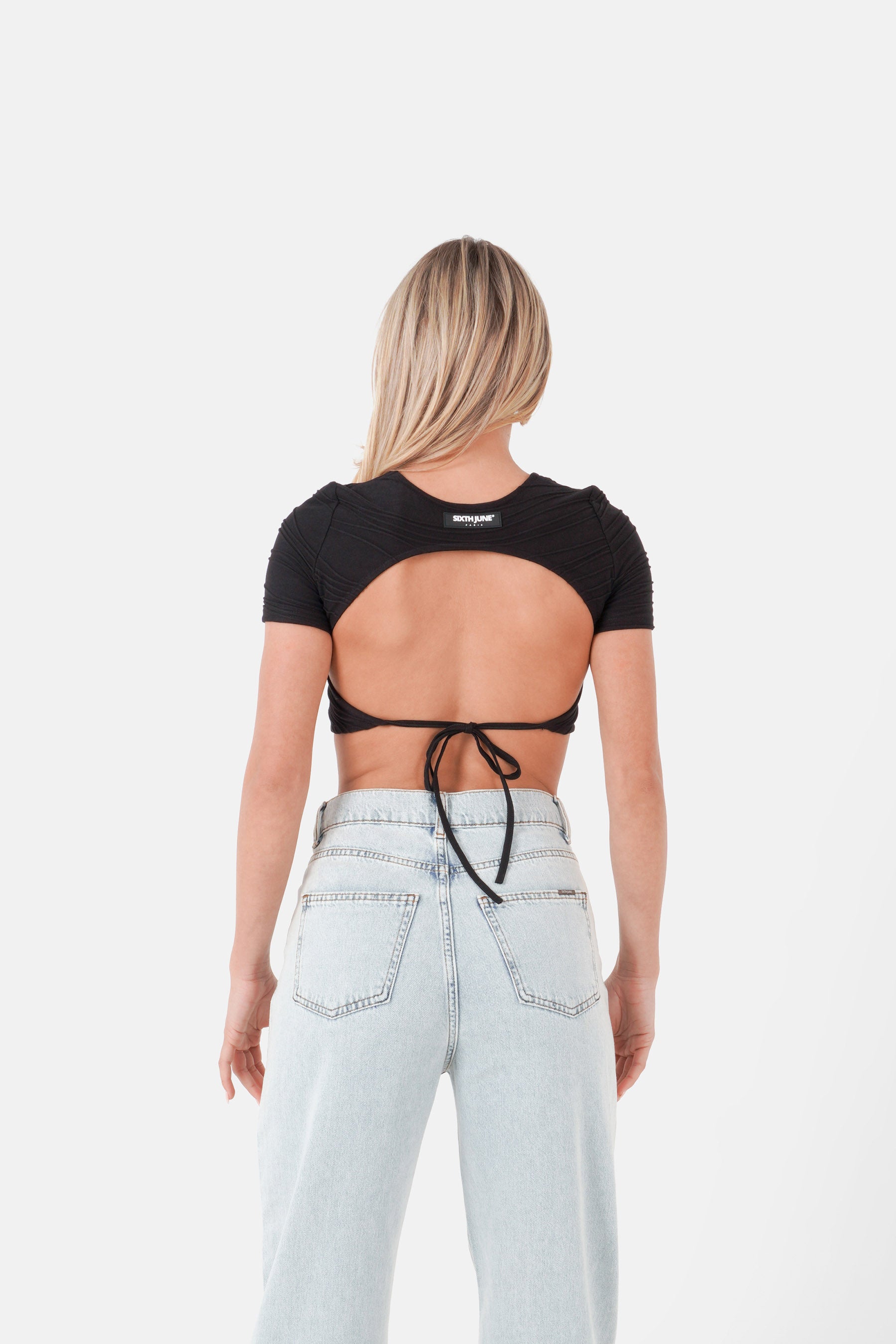 Back opening textured top Black