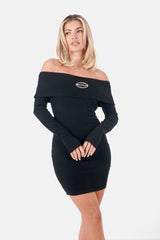 Ribbed bare shoulder dress Black
