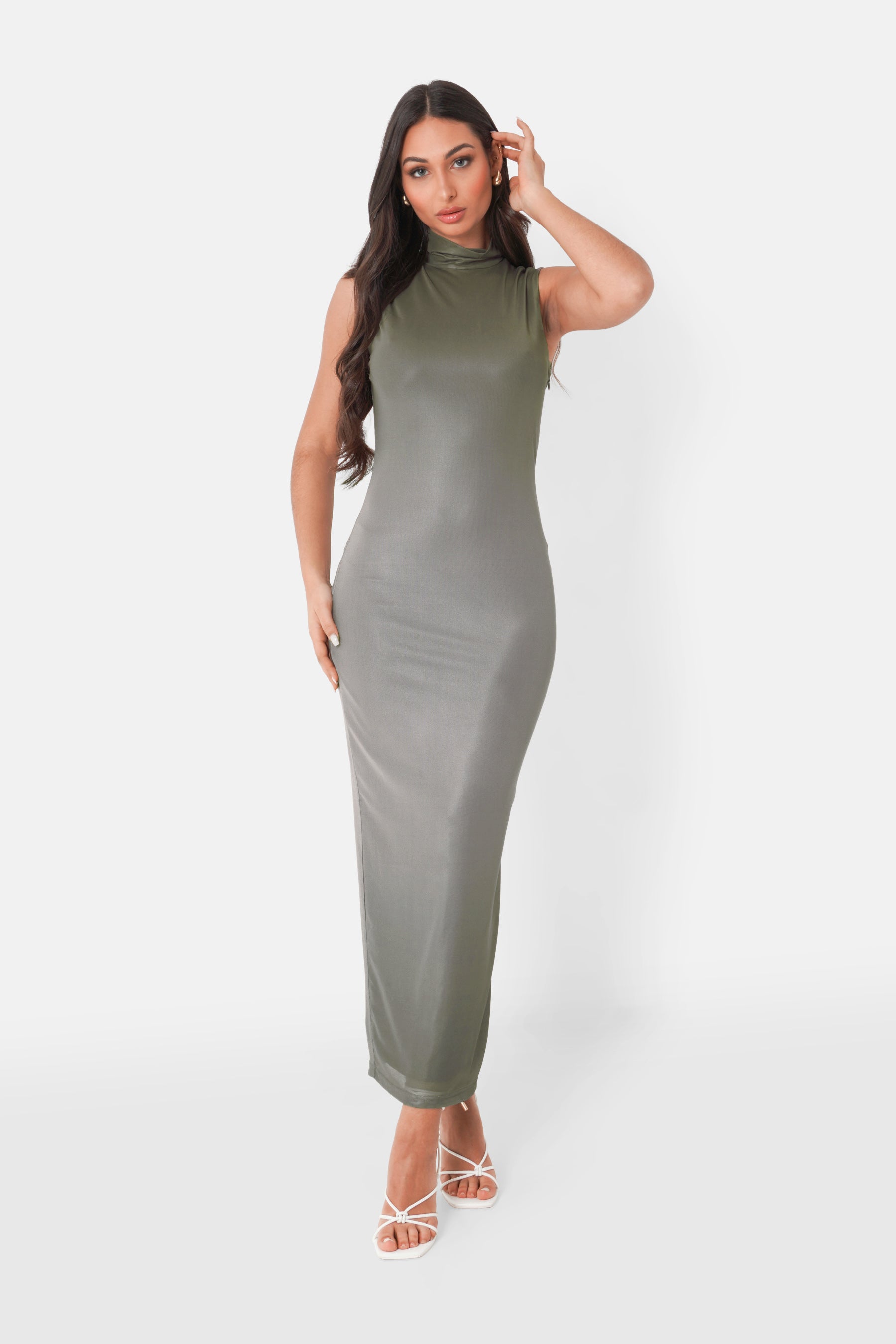 Robe maille longue fente Vert kaki