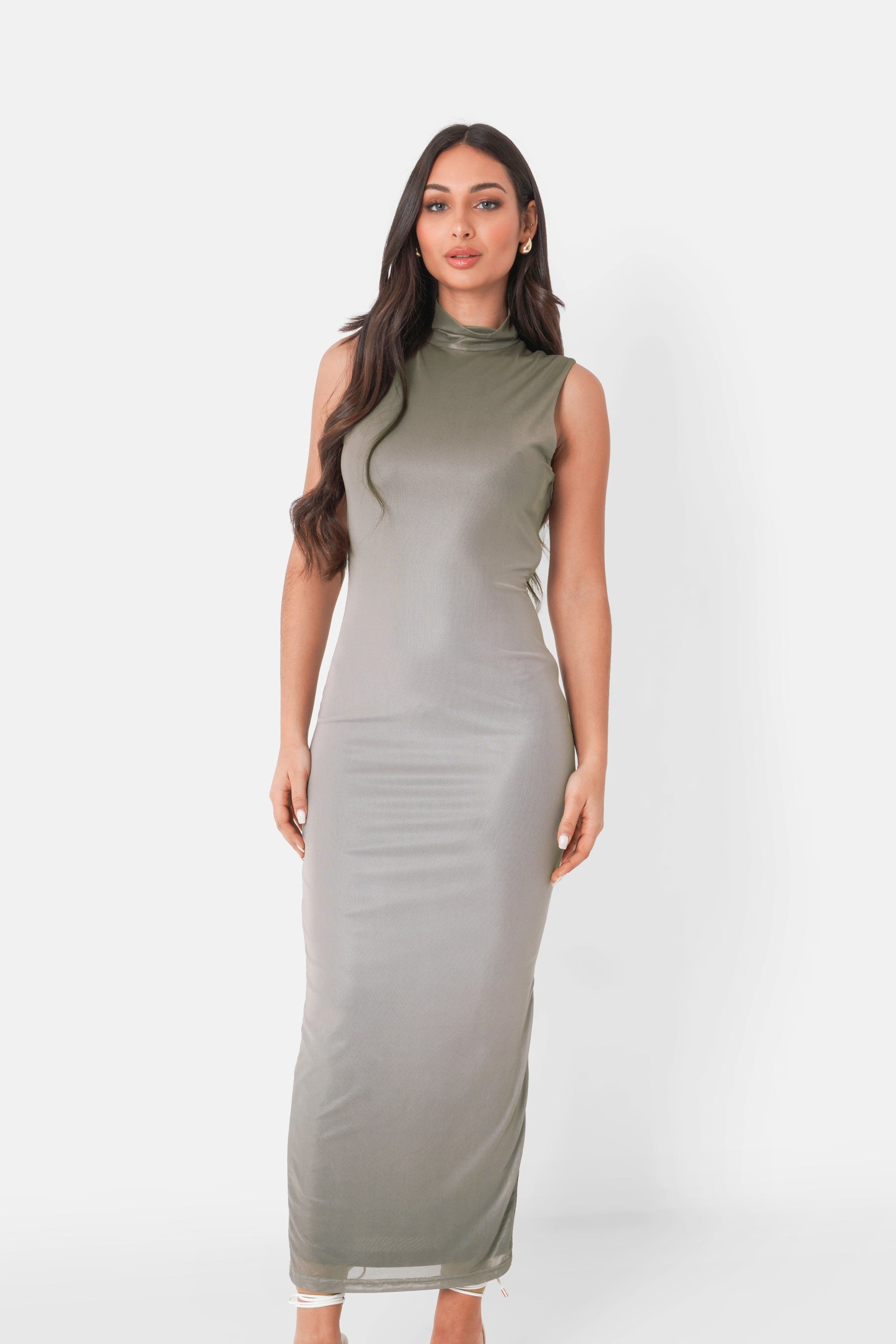 Robe maille longue fente Vert kaki