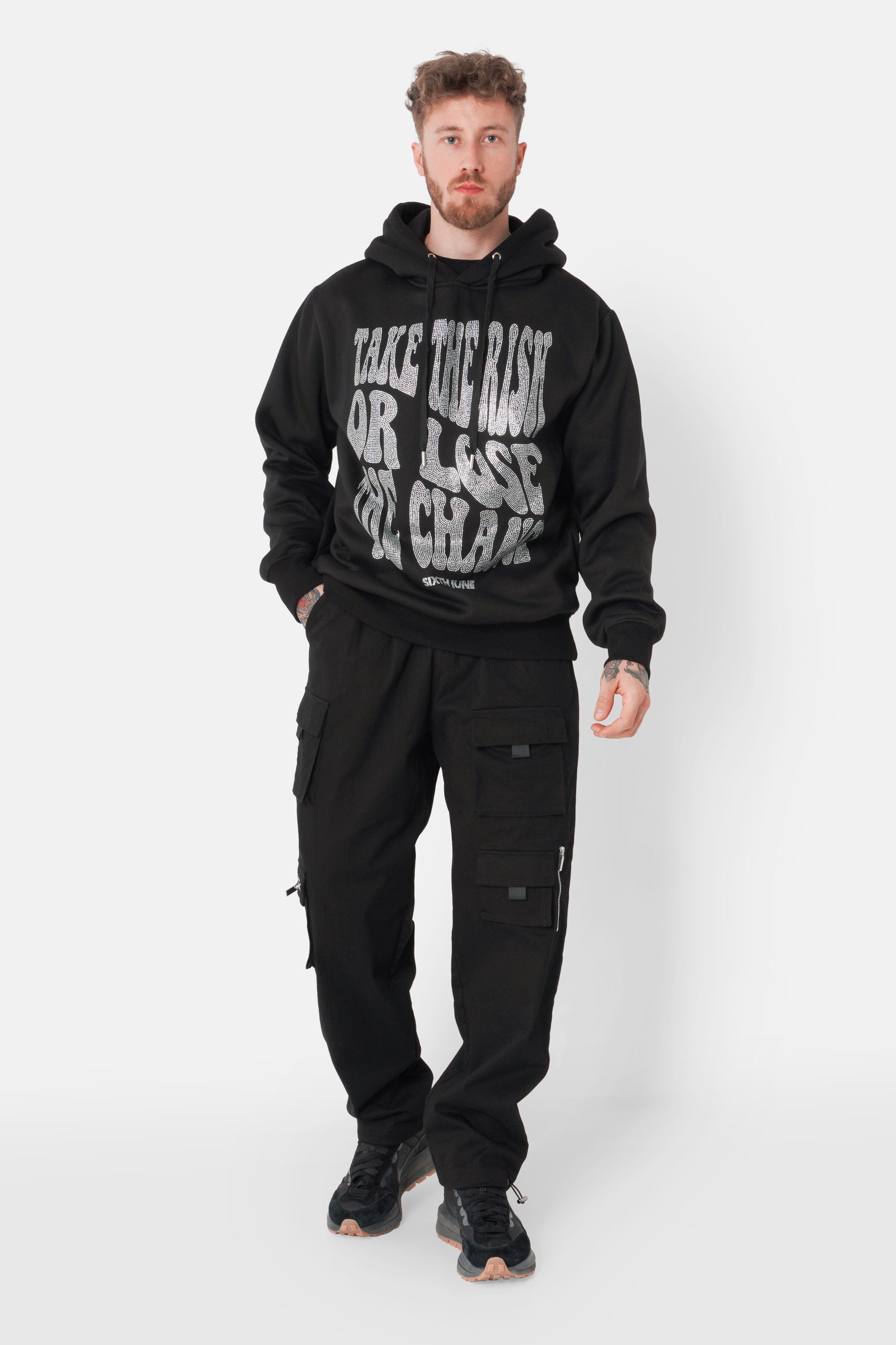 Sweatshirt capuche texte strass Noir