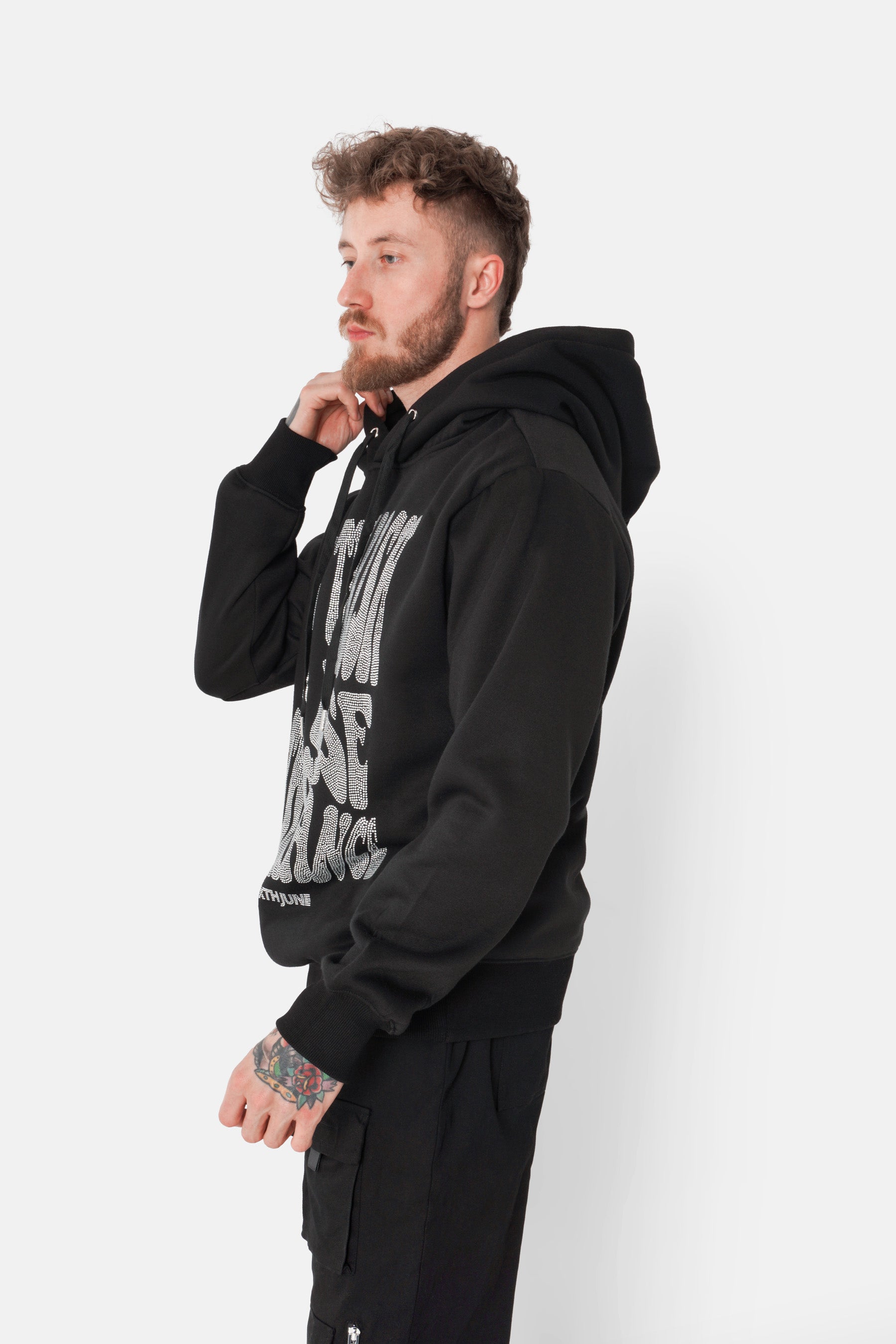 Sweatshirt capuche texte strass Noir