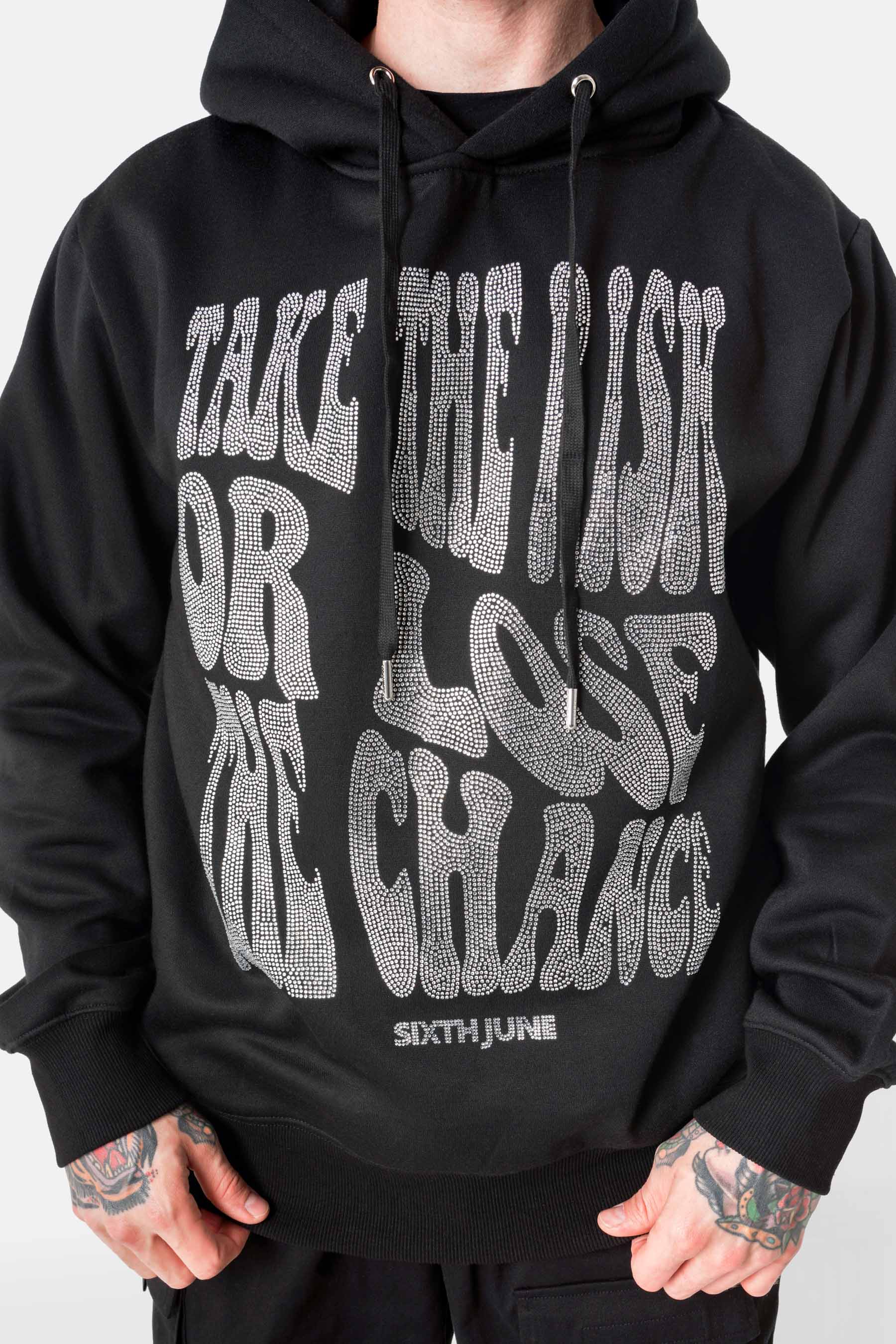 Sweatshirt capuche texte strass Noir