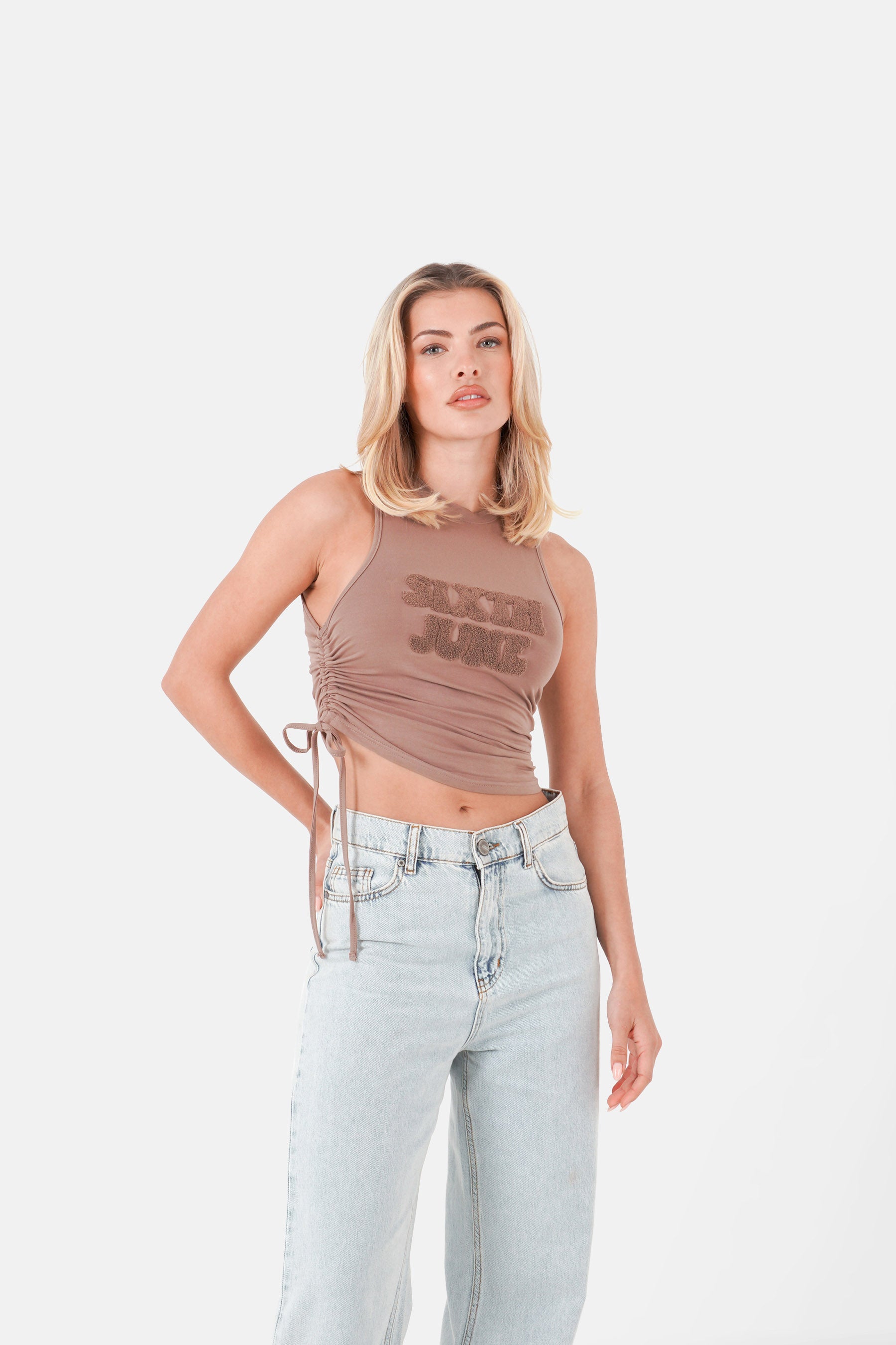 Top cordon logo bouclé Marron