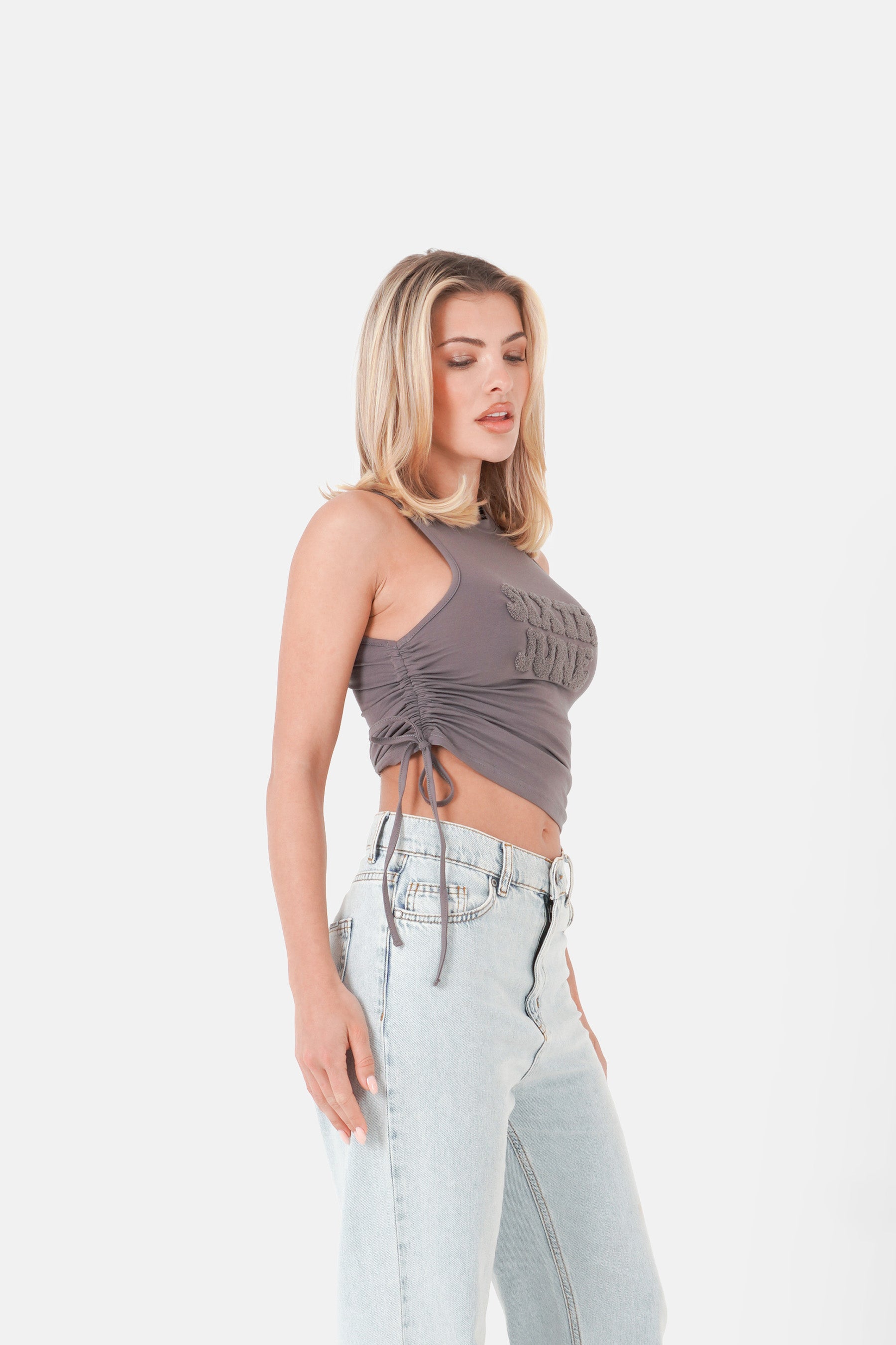 Graues Oberteil mit Logo-Schleifenzug und Kordelzug