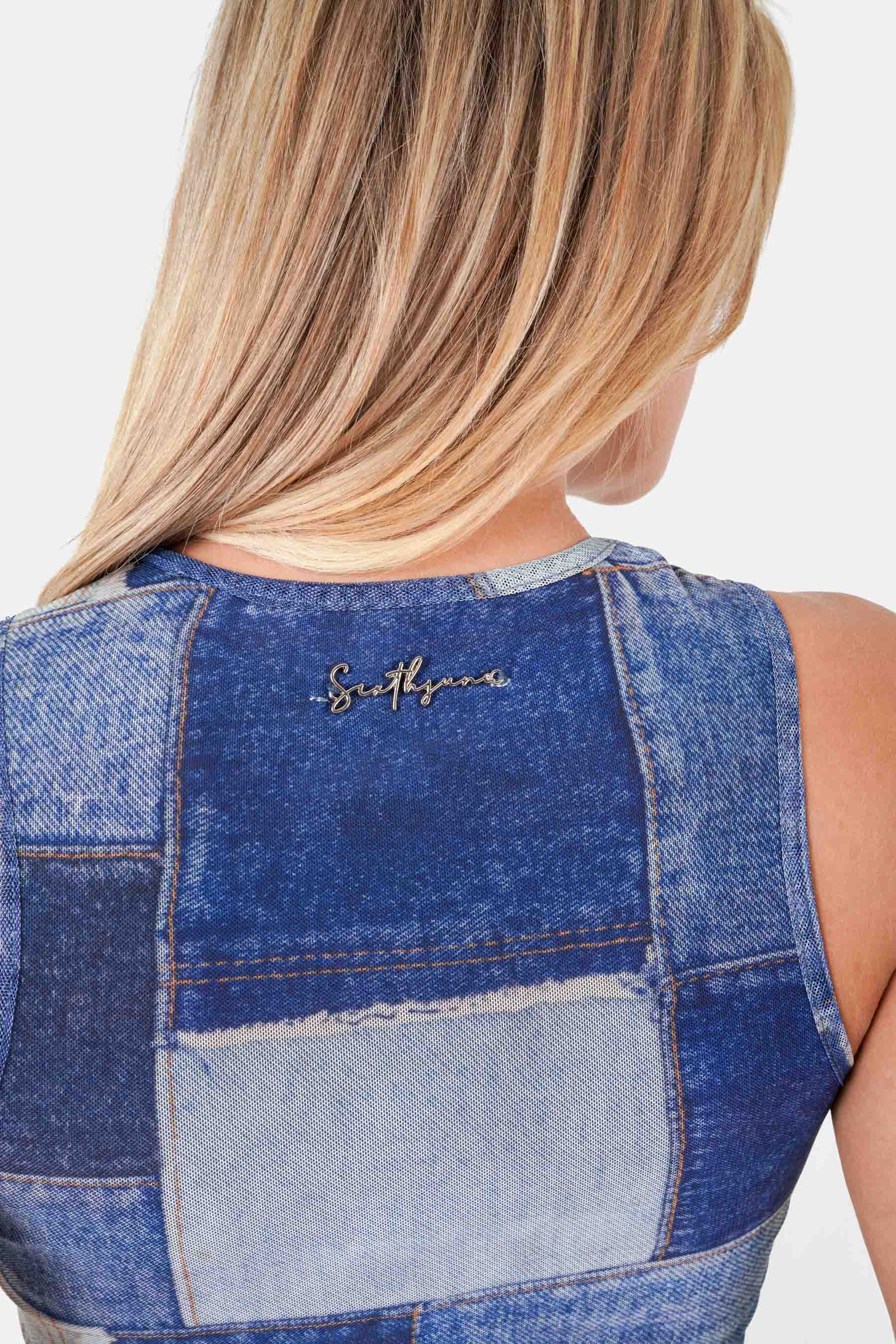 Top imprimé denim maille Bleu