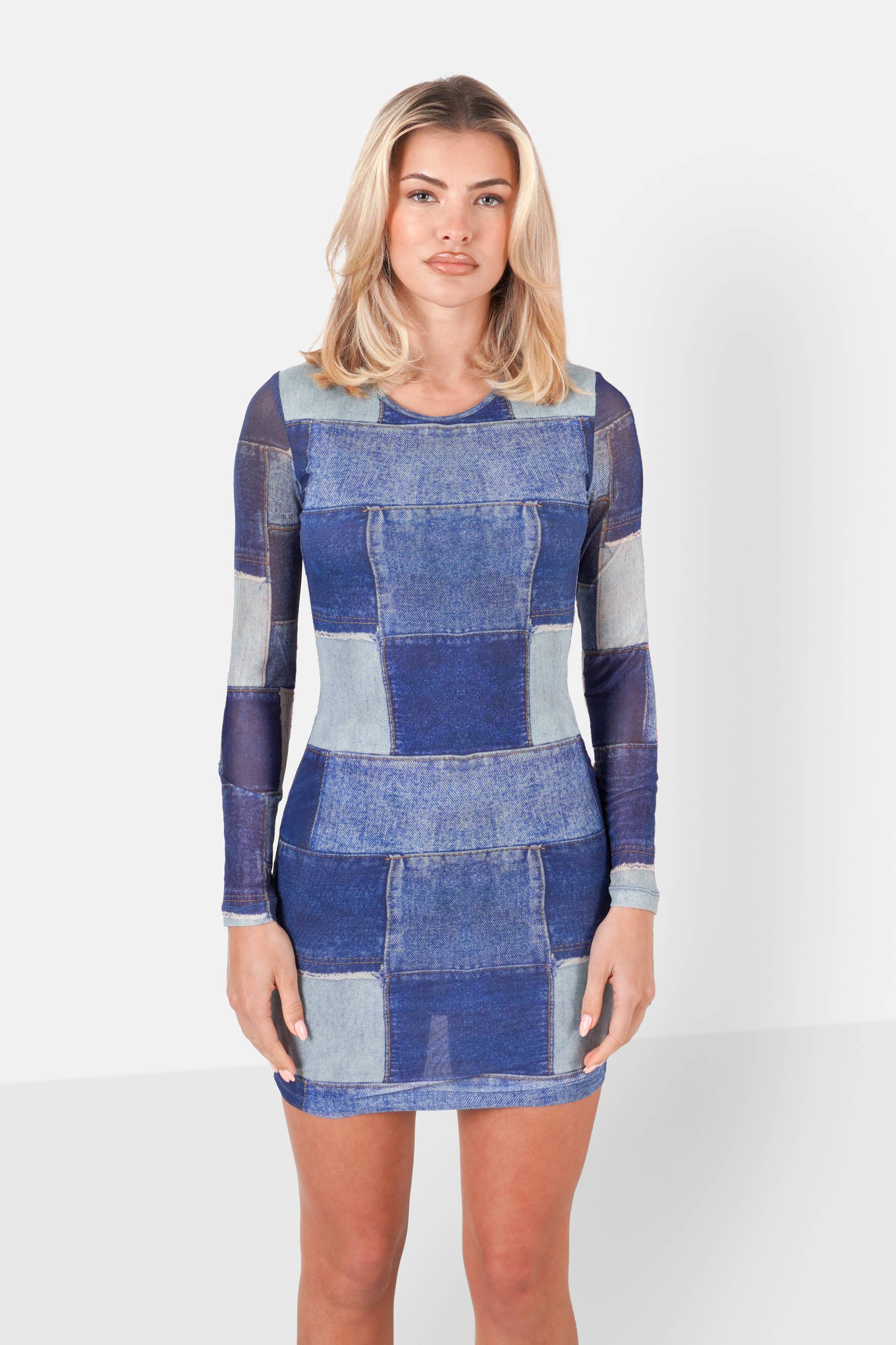 DENIM print mesh l/s dress