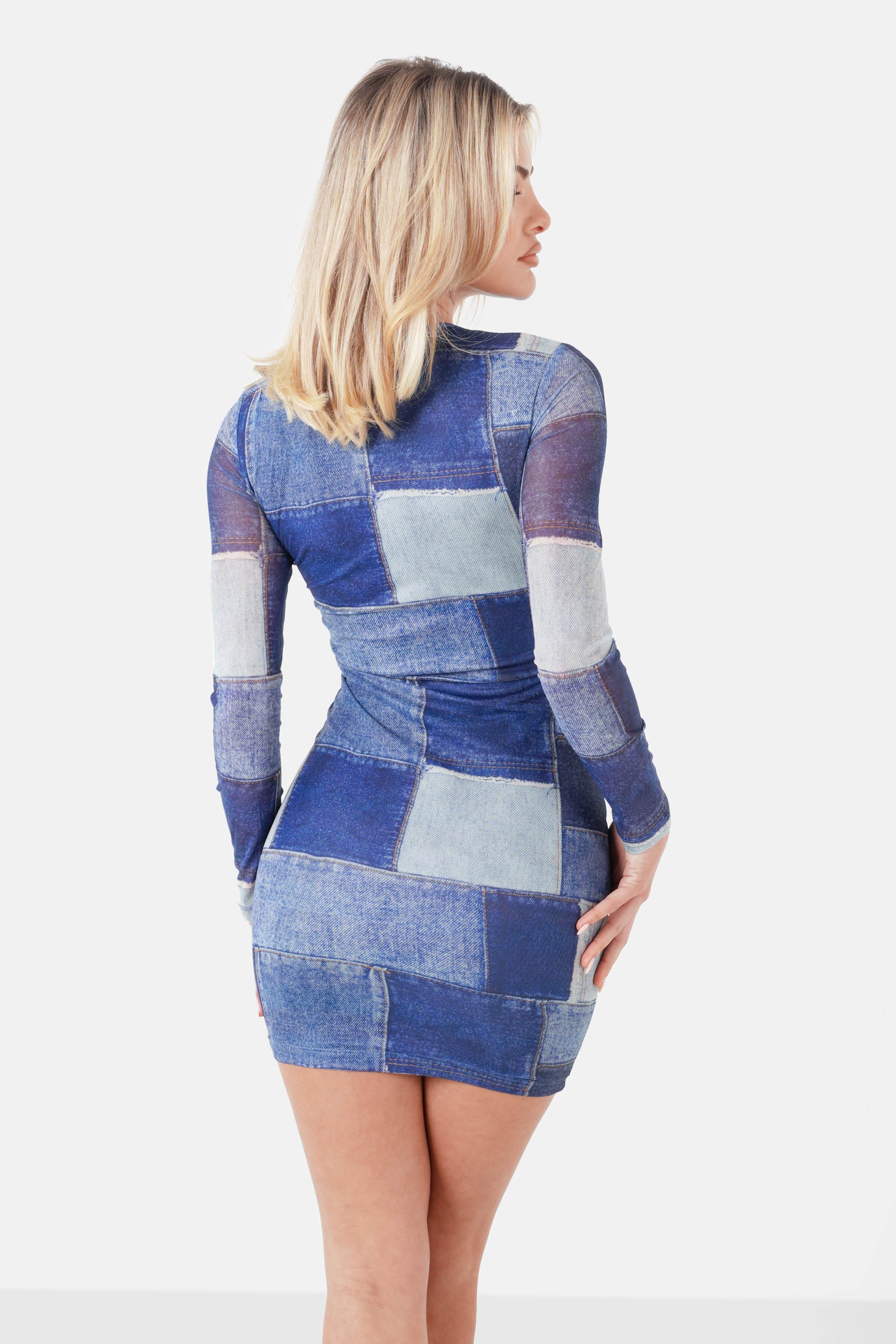 DENIM print mesh l/s dress
