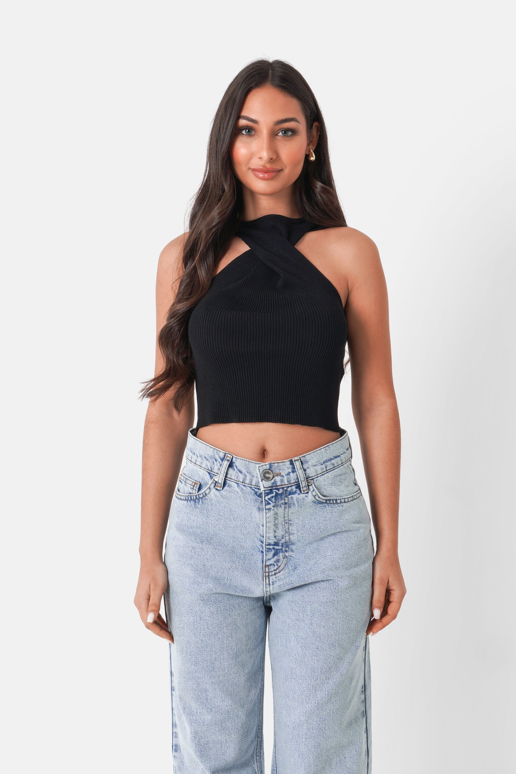 Top maille torsadée bijou Noir