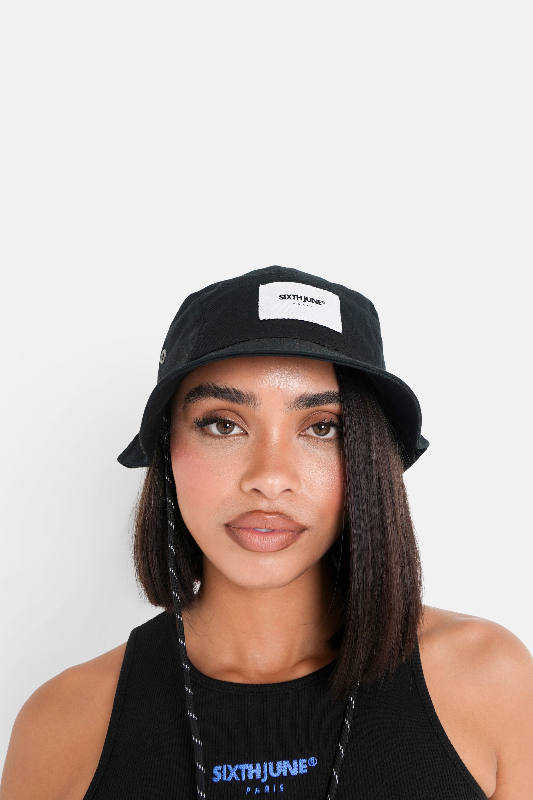 Drawcord cotton bucket hat black