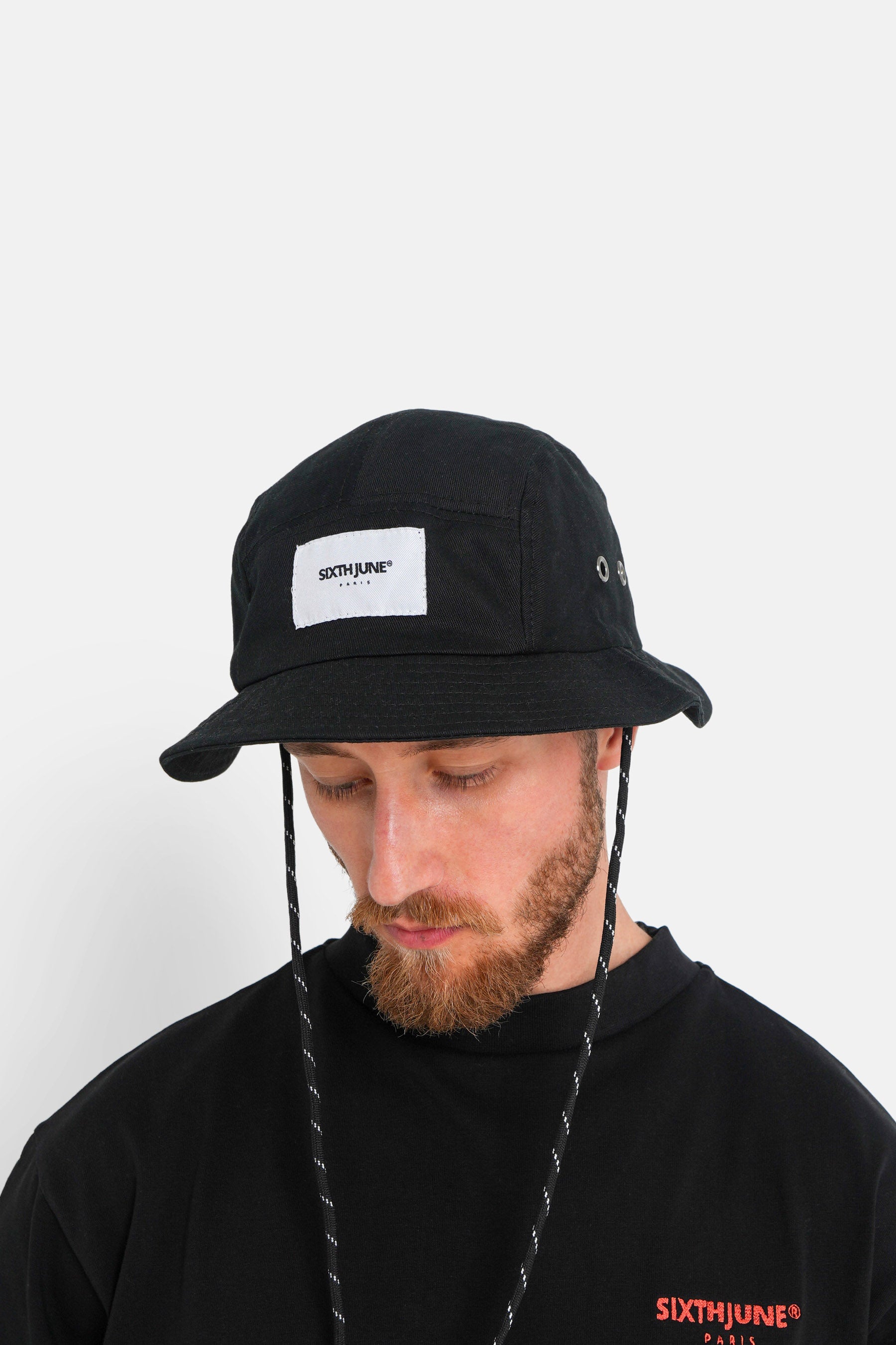 Drawcord cotton bucket hat black