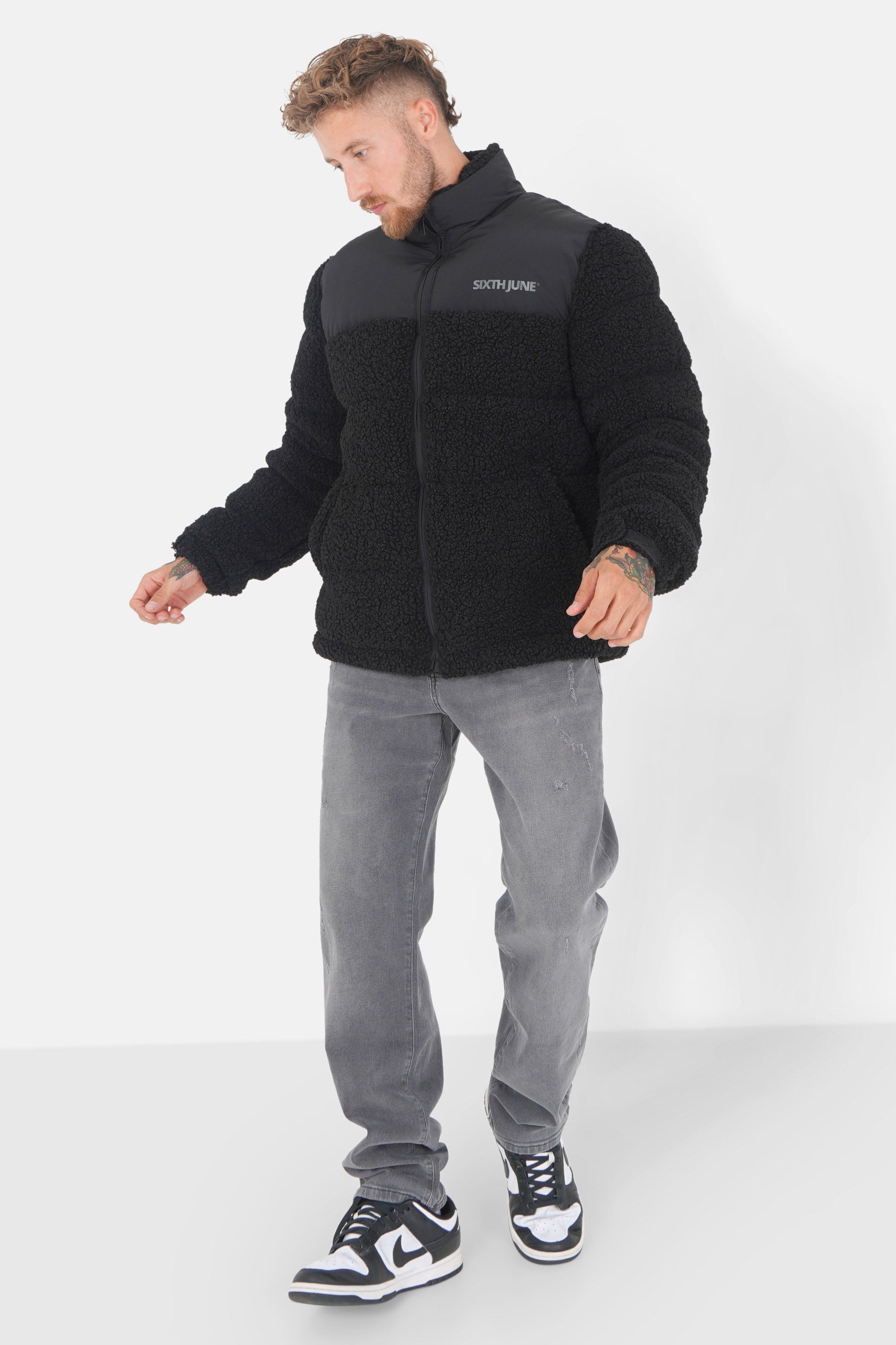 Bi material sherpa down jacket Black