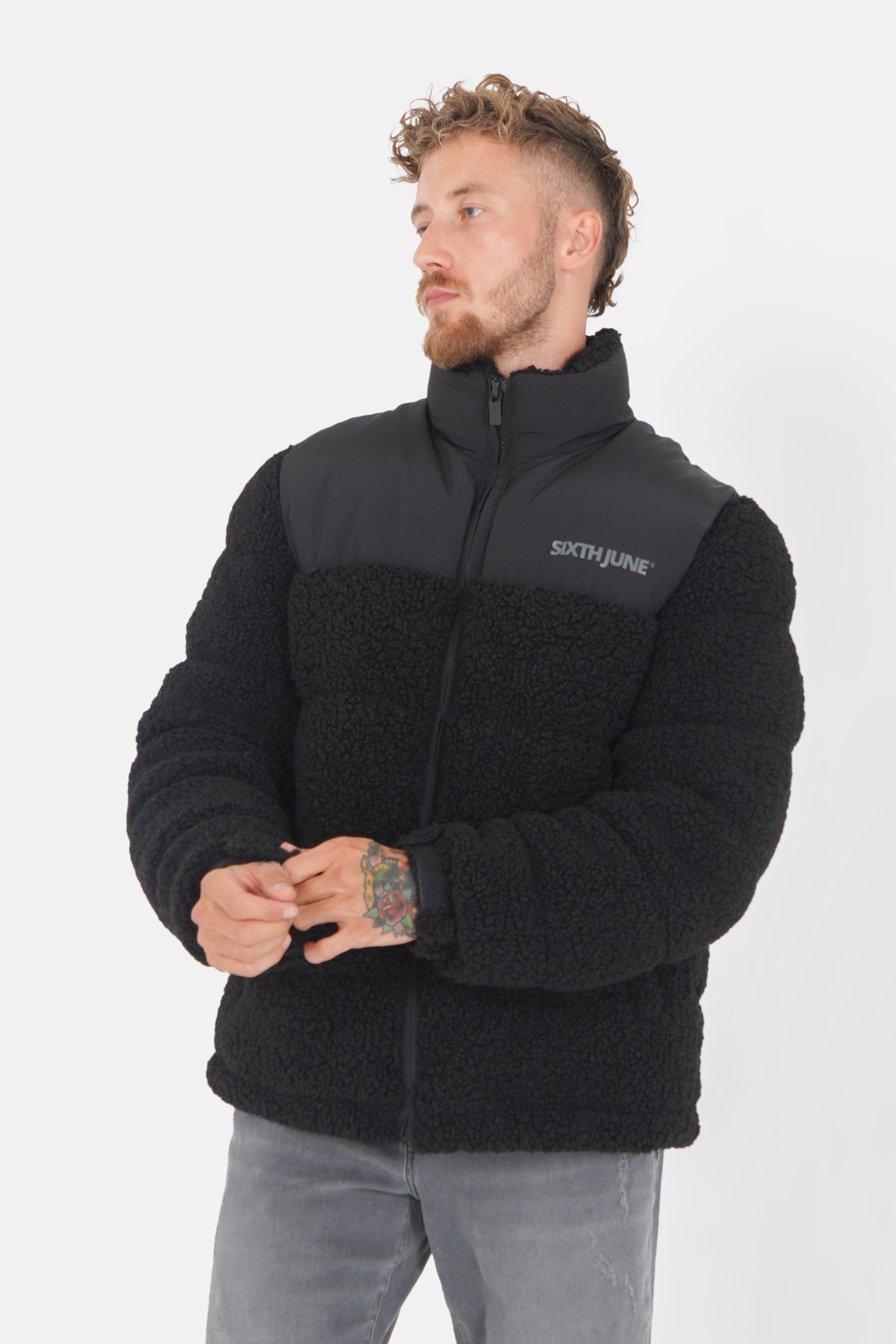 Bi material sherpa down jacket Black