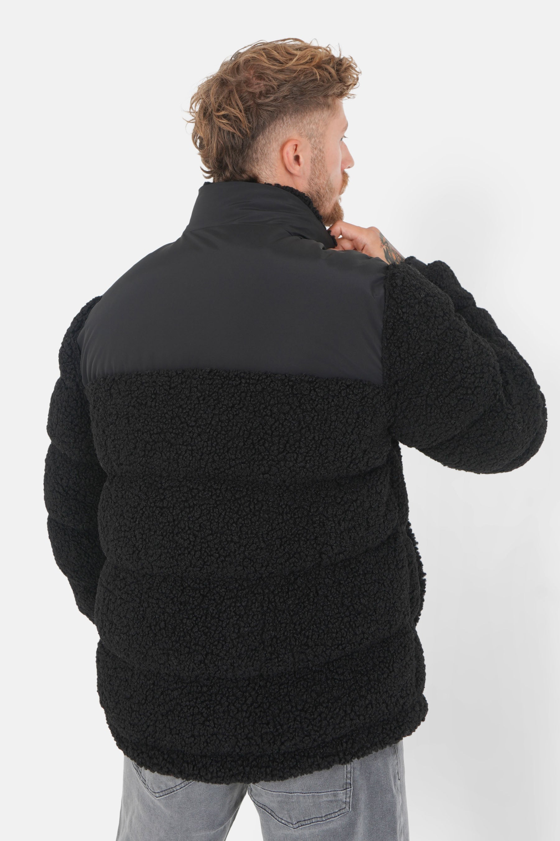 Bi material sherpa down jacket Black