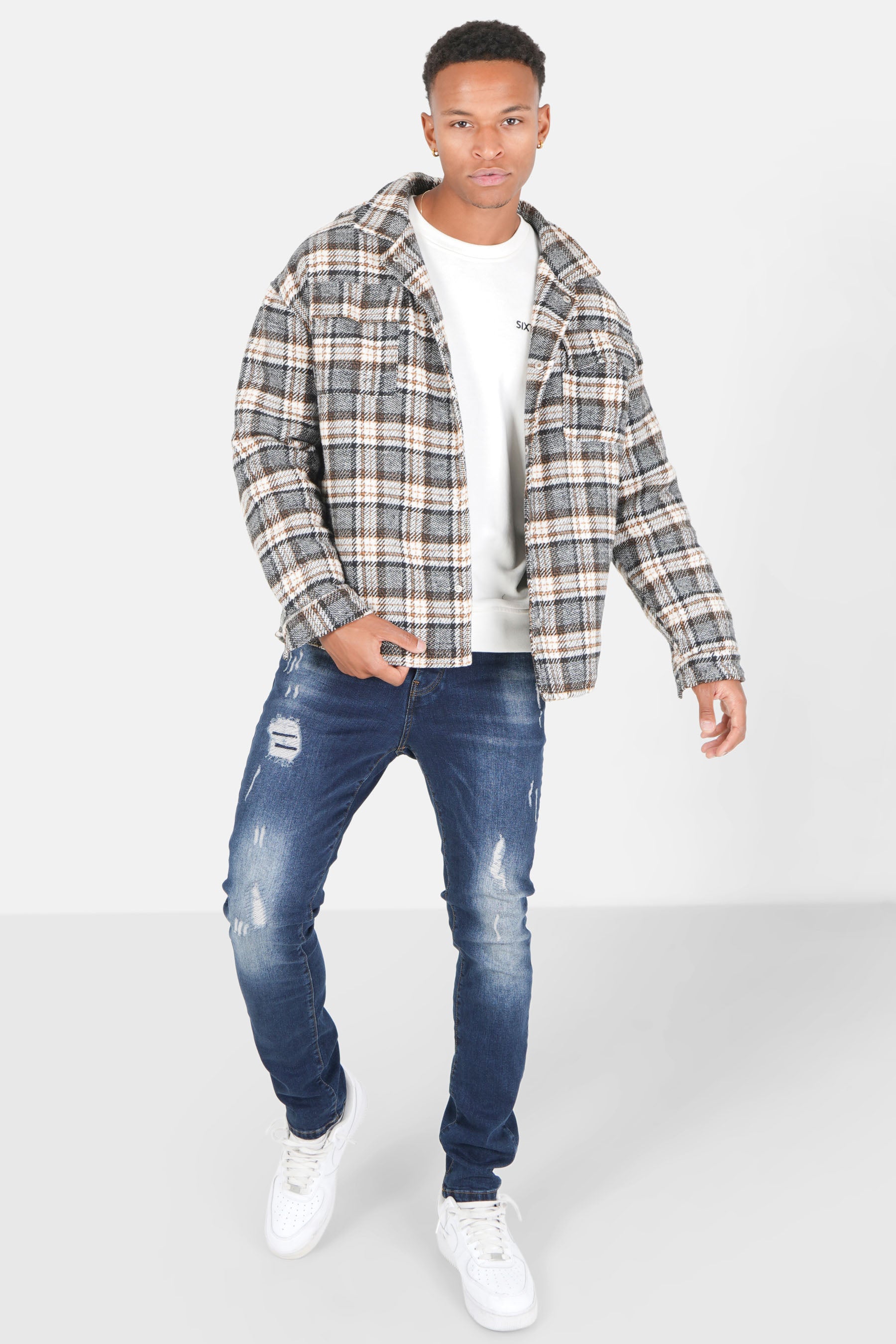 Manteau court tartan poches Marron