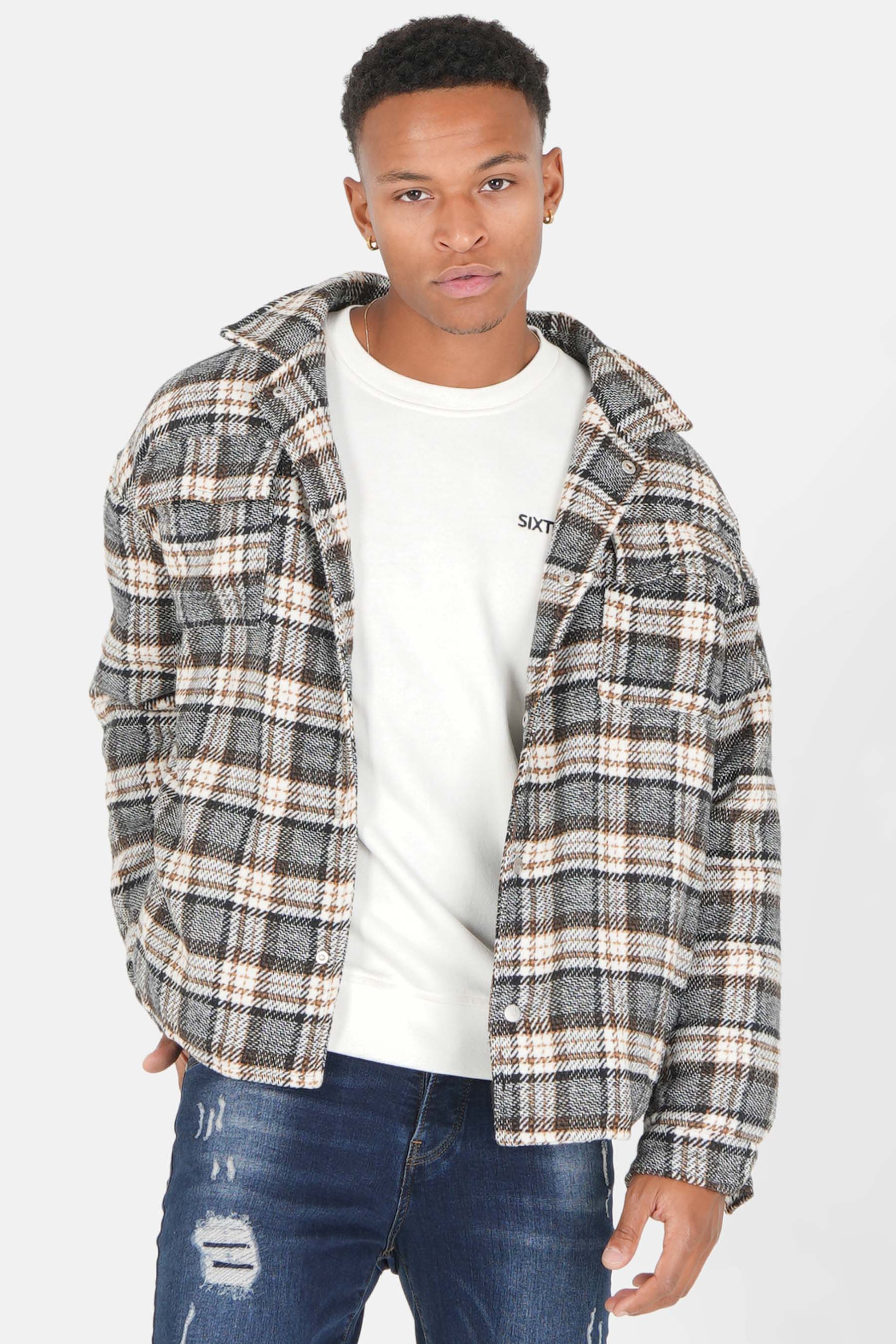 Manteau court tartan poches Marron