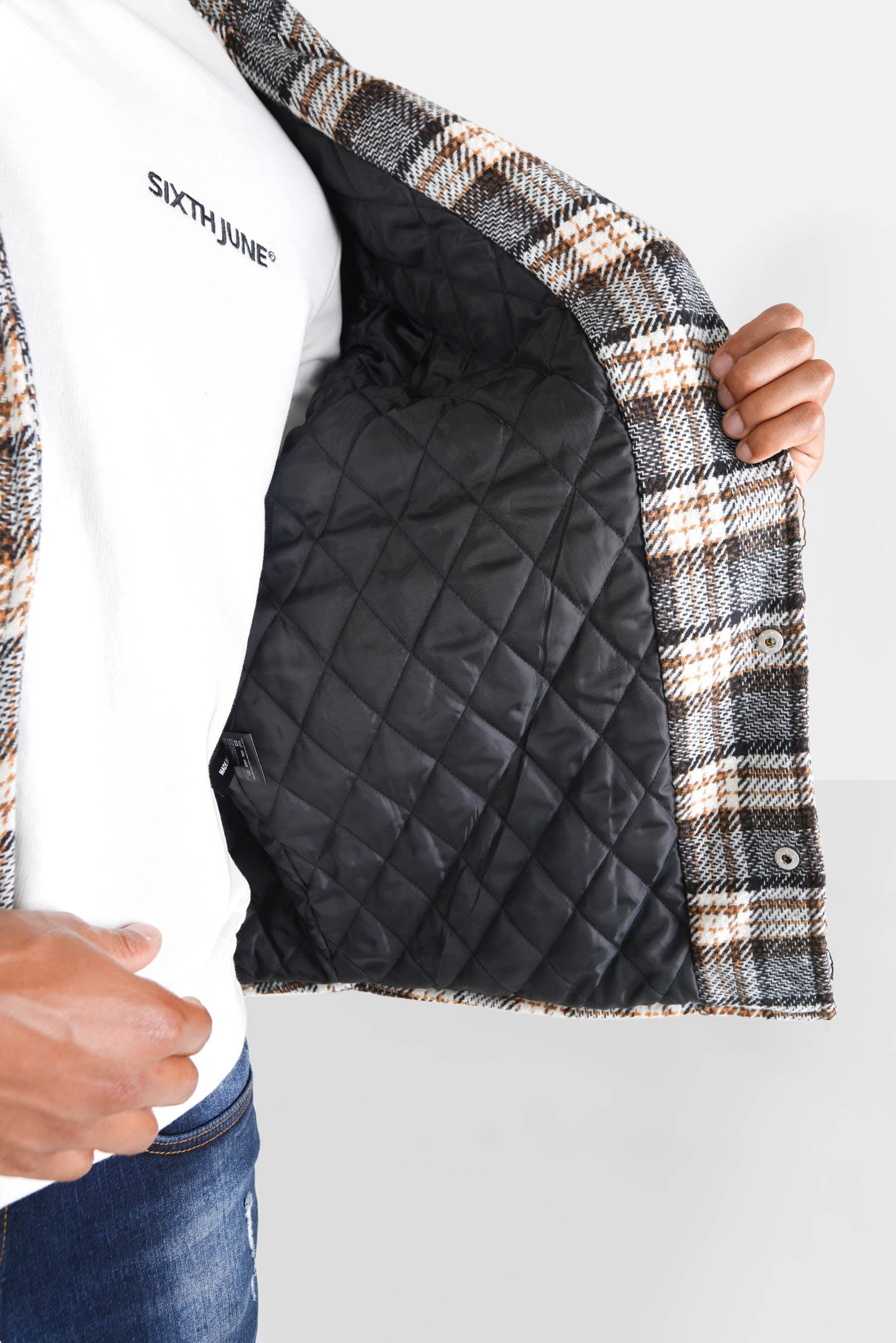 Manteau court tartan poches Marron