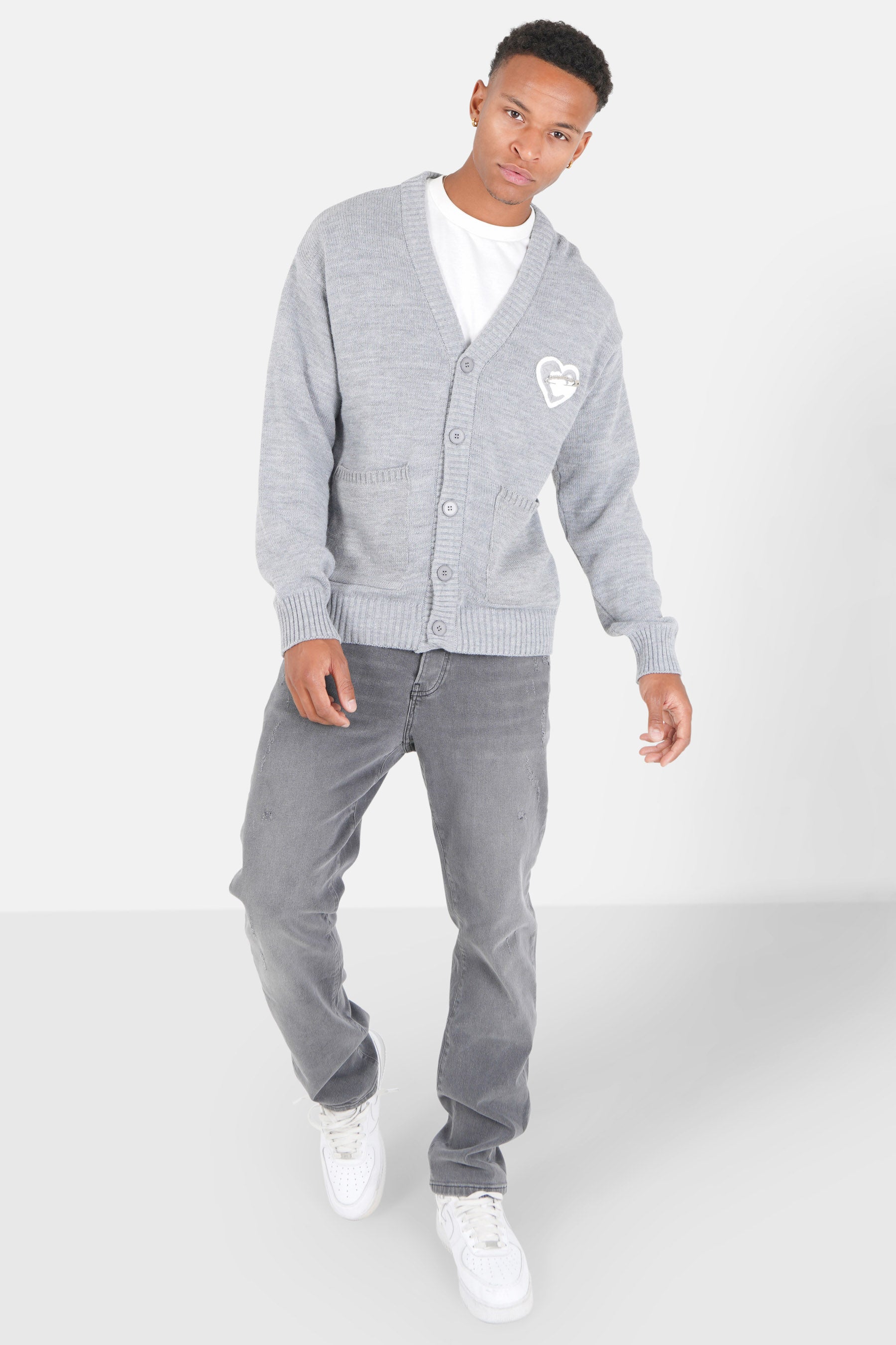 Cardigan maille coeur brodé Gris