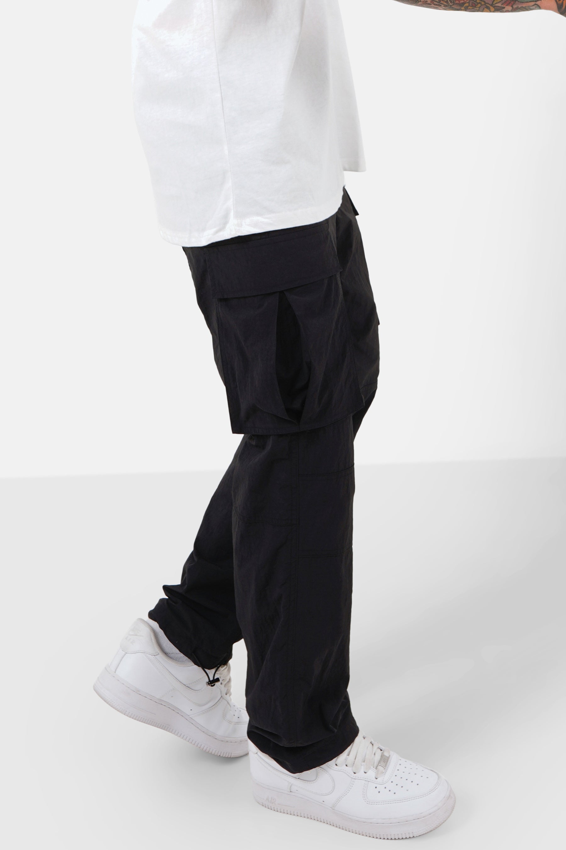 Nylon effect cargo pants Black