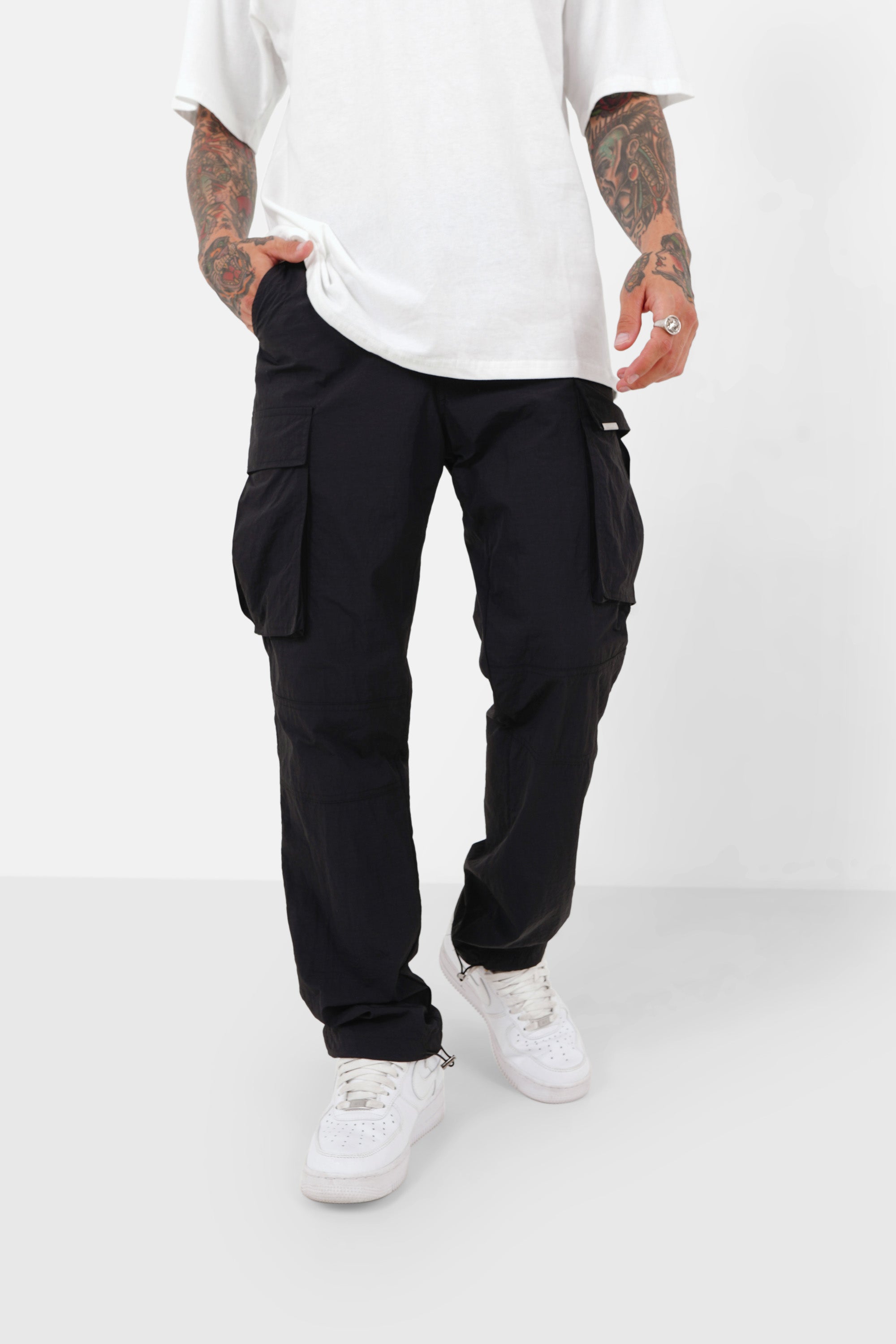 Nylon effect cargo pants Black