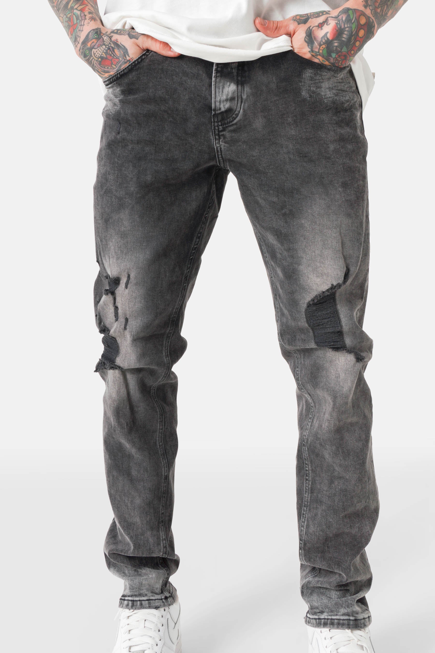Washed out ripped slim jeans Dark grey