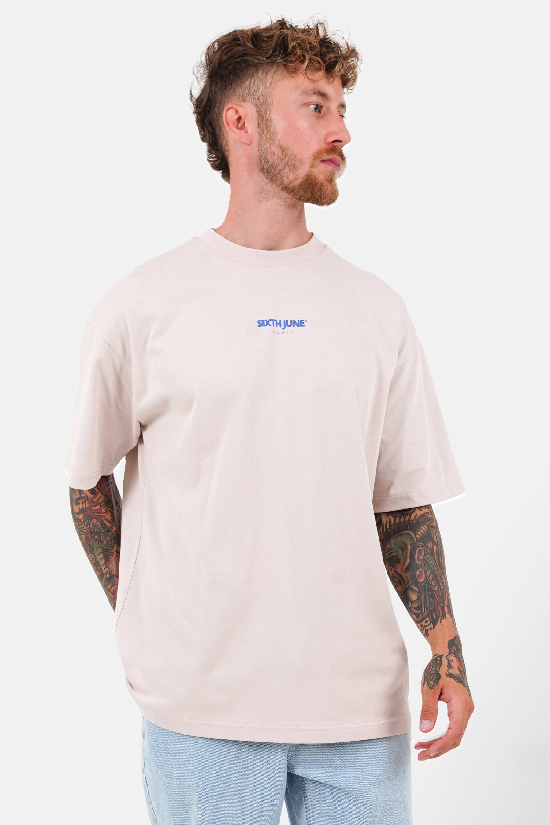 Beigefarbenes T-Shirt mit Azulejo-Muster