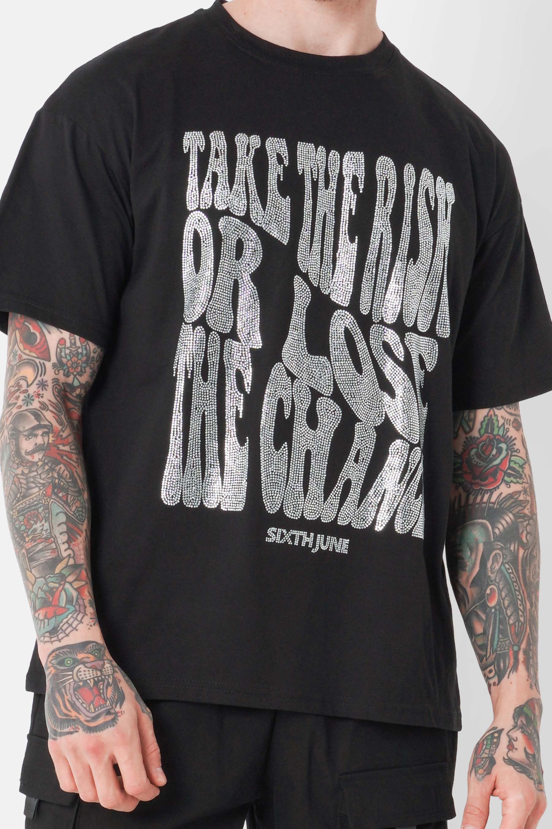 Logo rhinestone text T-shirt Black