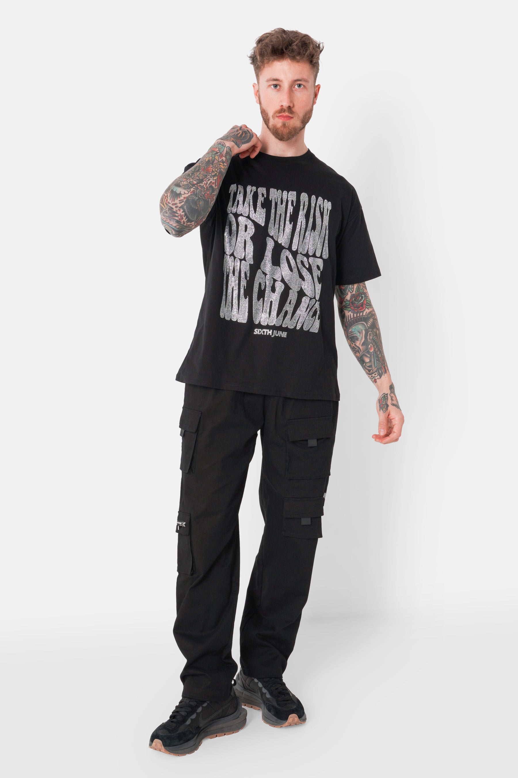 Logo rhinestone text T-shirt Black