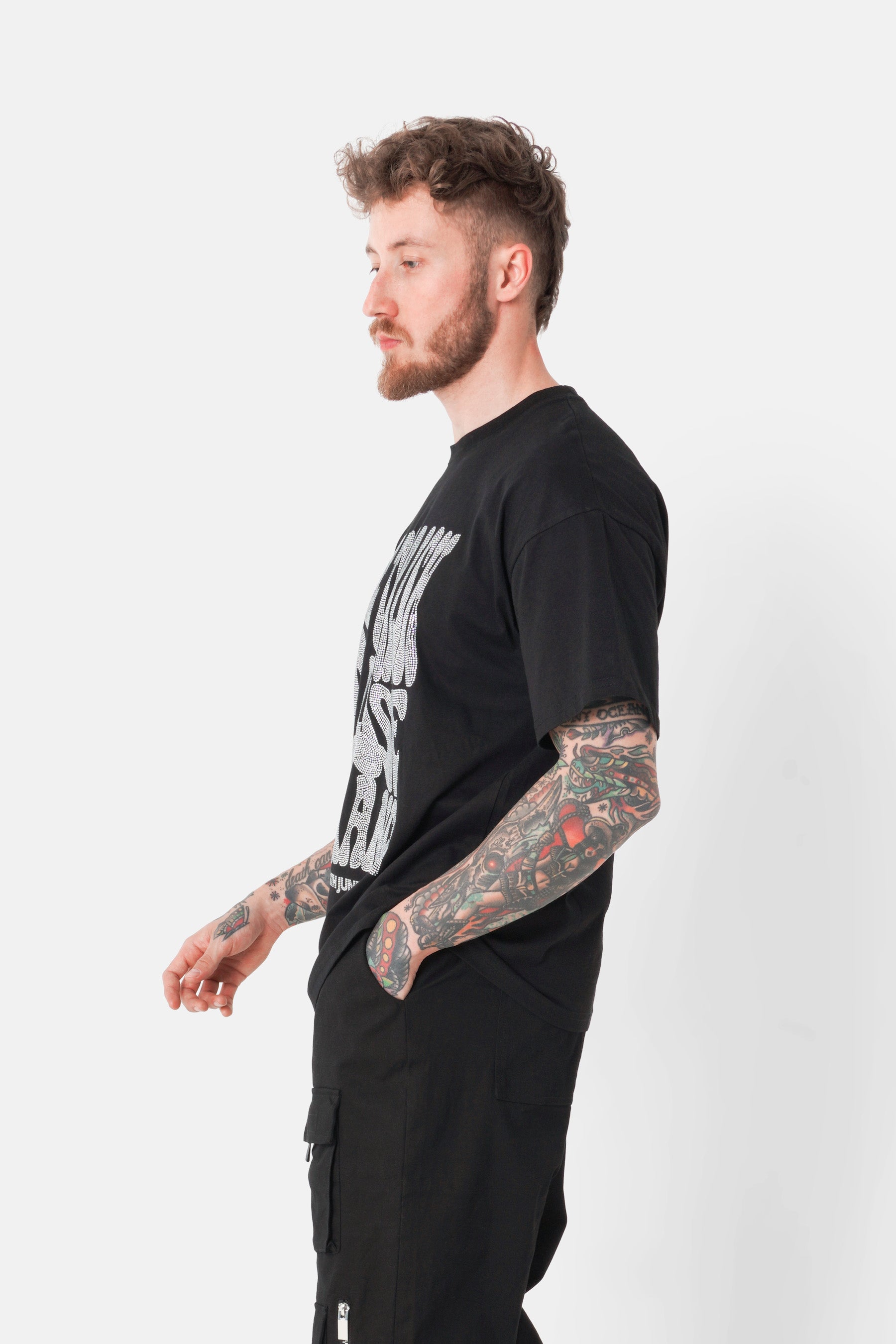 Logo rhinestone text T-shirt Black