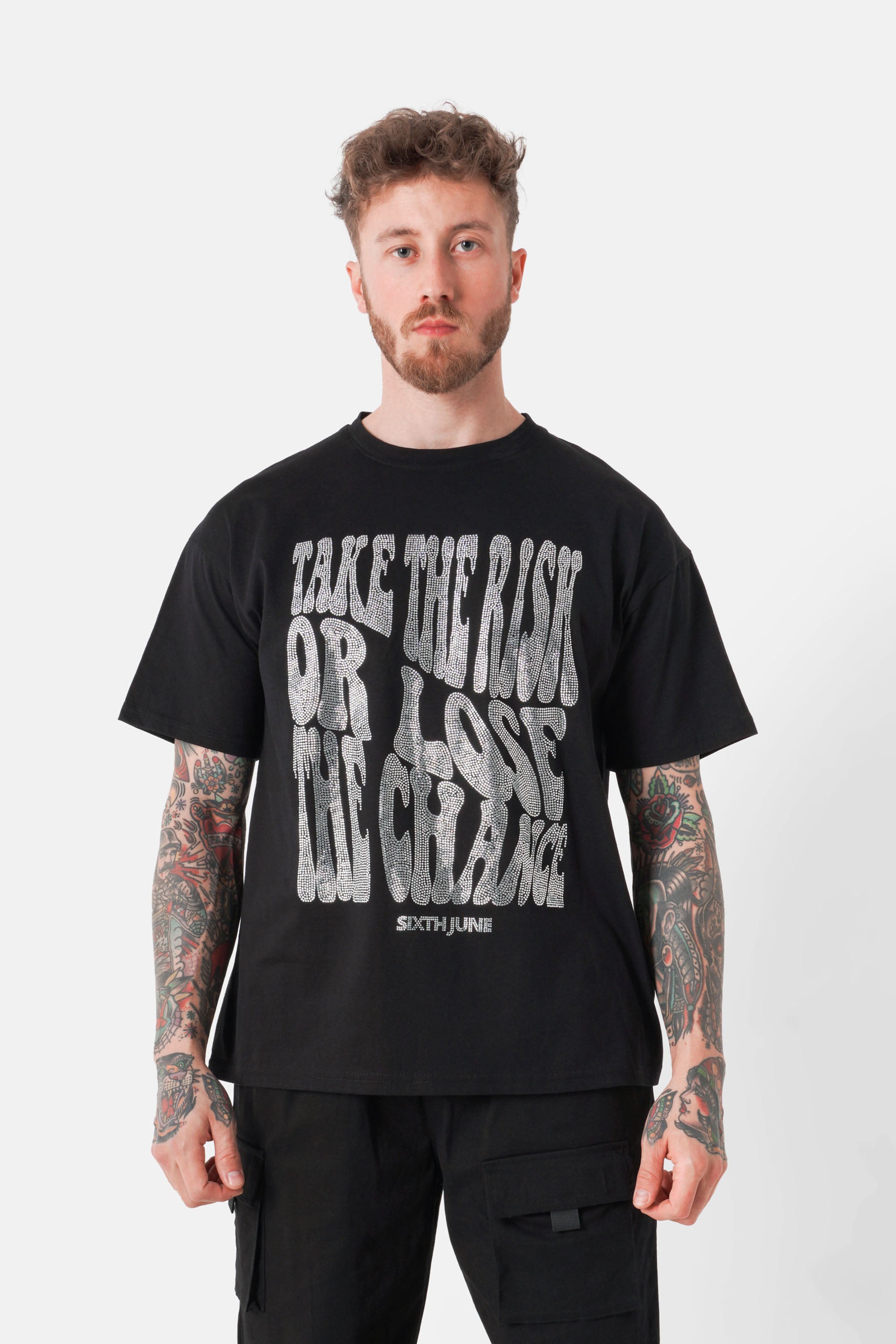 Logo rhinestone text T-shirt Black