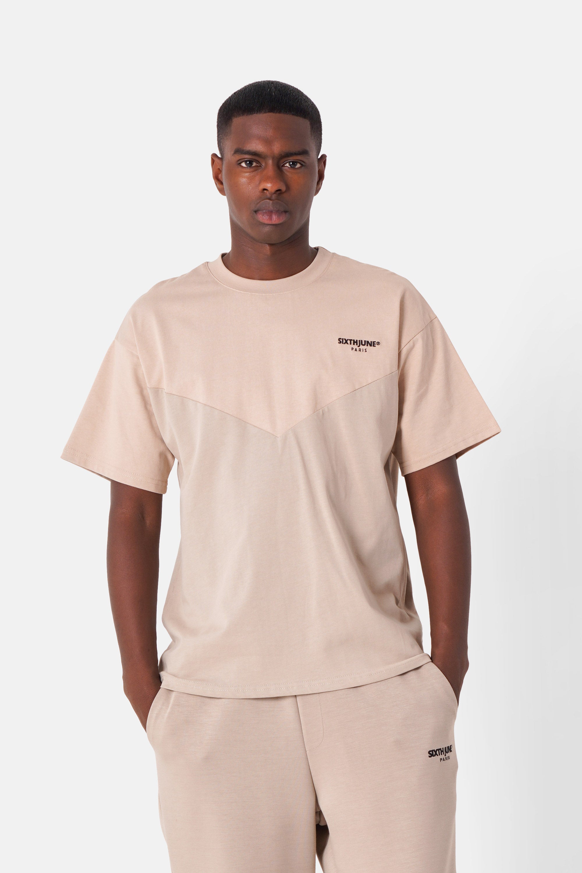 T-shirt bicolore logo brodé Beige