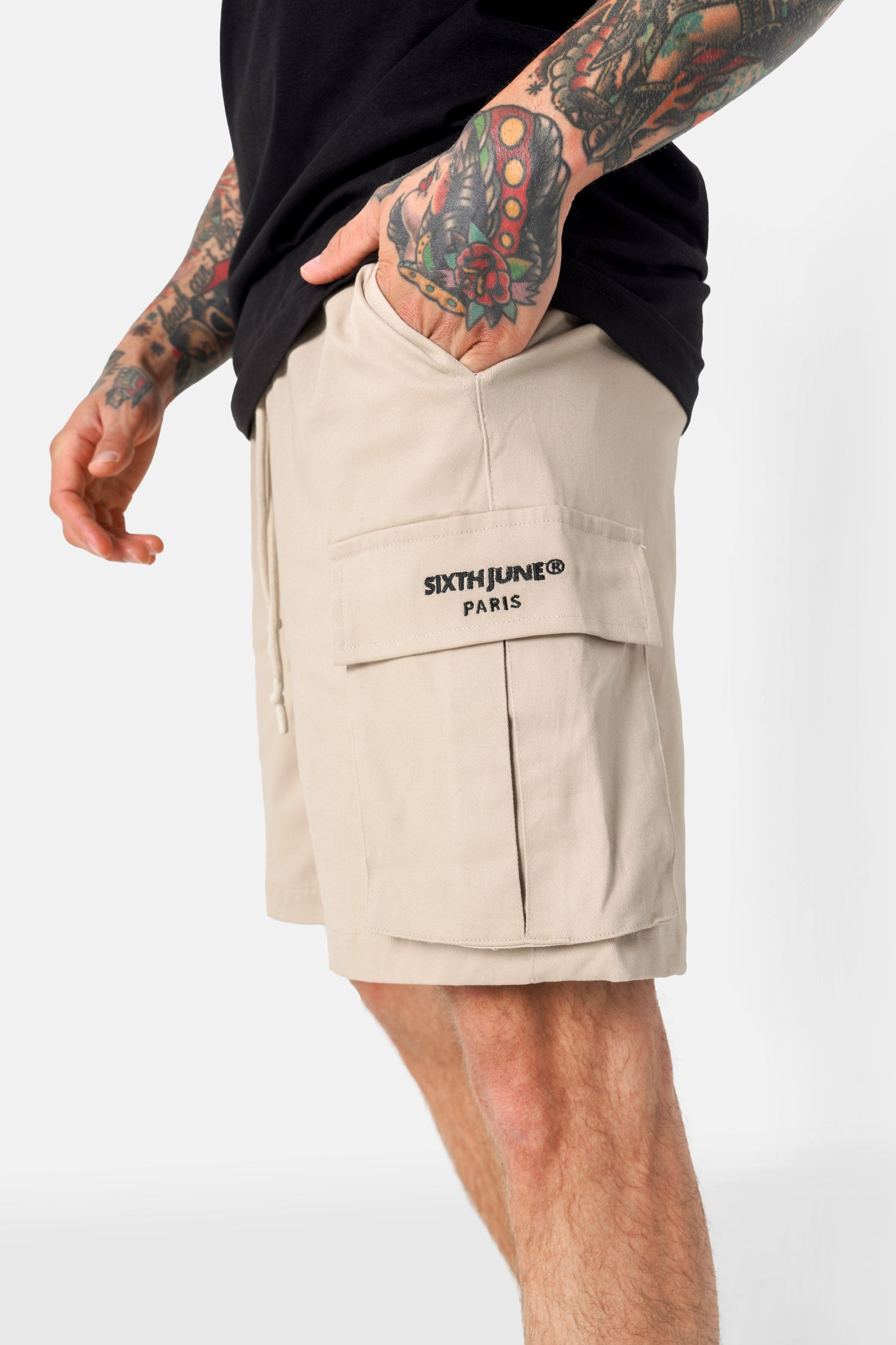 Short cargo logo broderie Beige