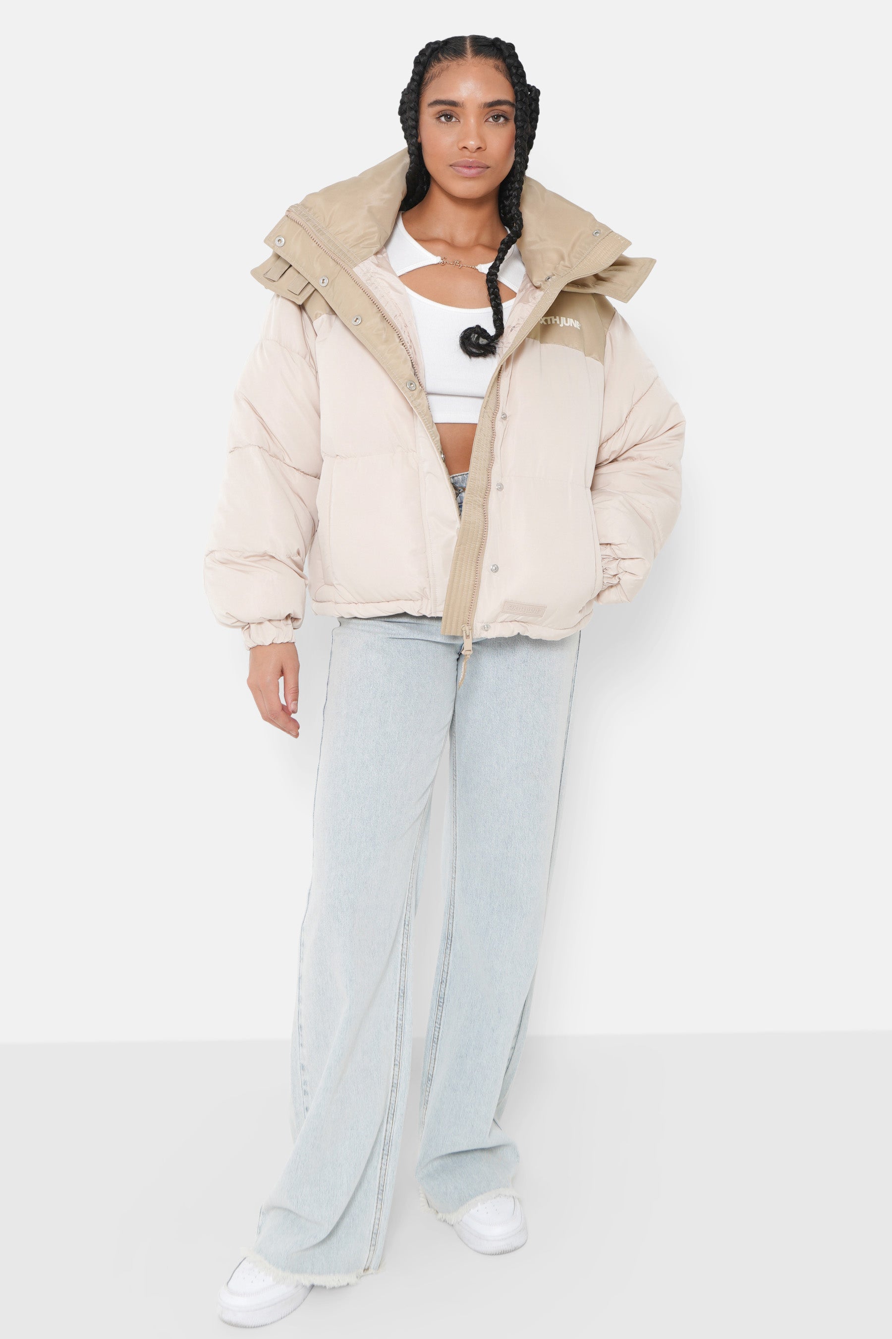 Doudoune courte bi matière Beige