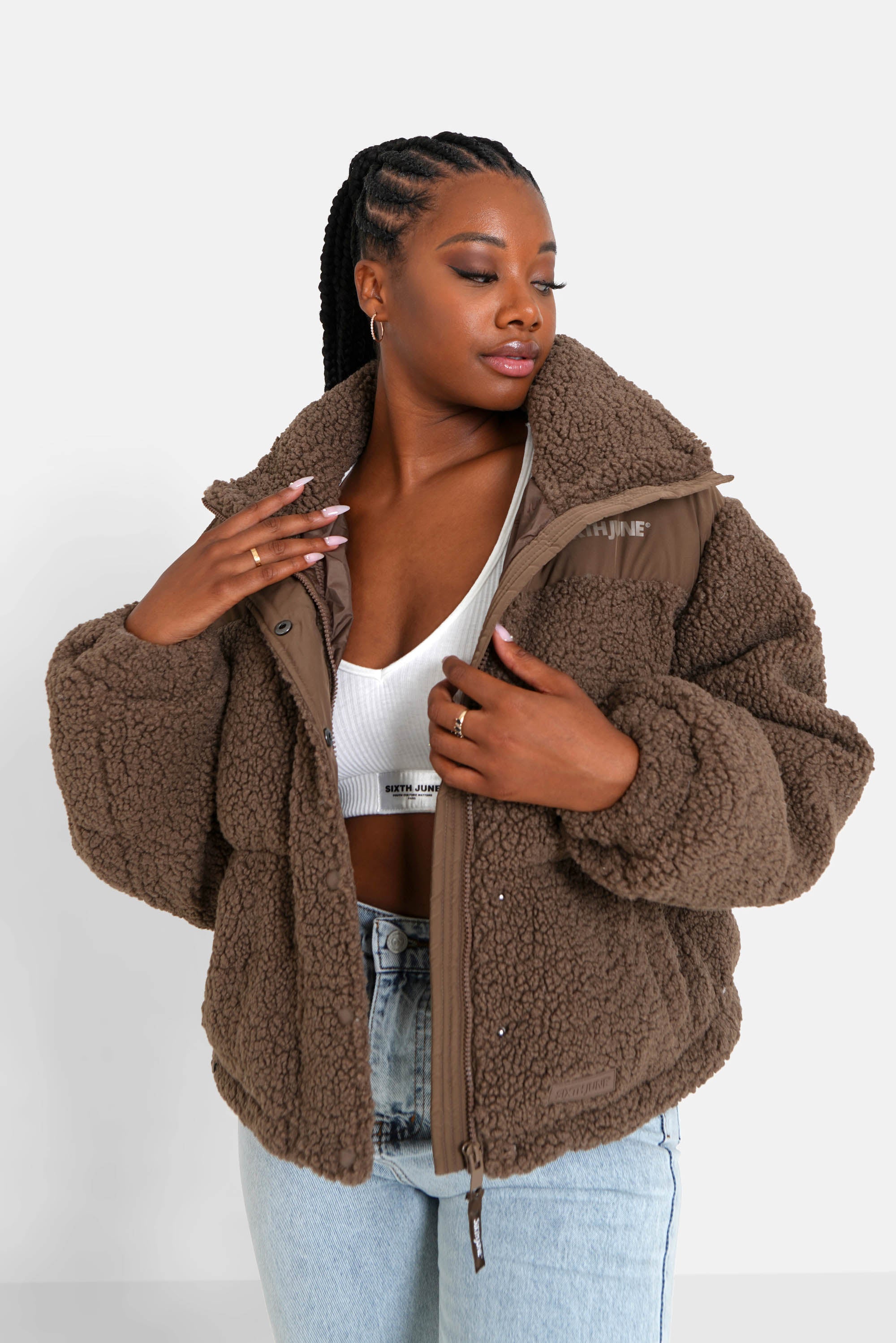 Bi material sherpa down jacket Brown