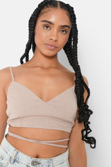 Ribbed straps drawstrings top Beige
