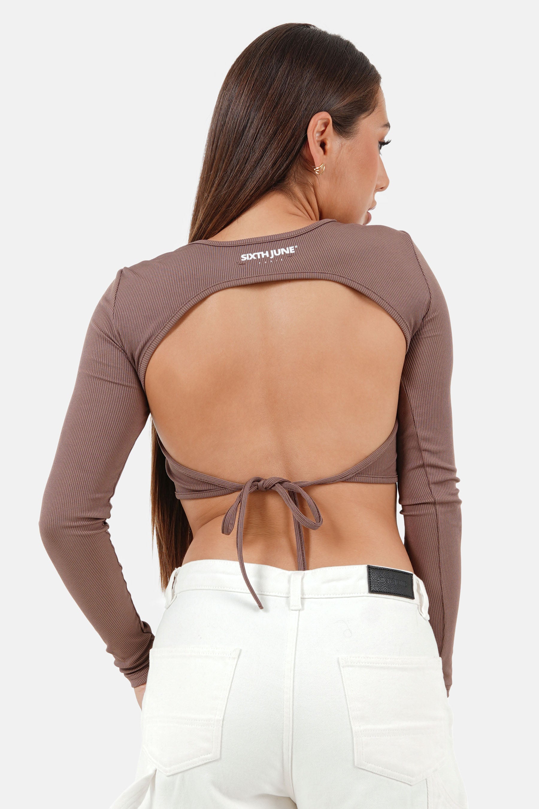 Long-sleeved top back opening Brown