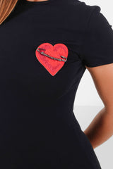Embroidered heart logo dress Black