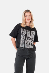 Schwarzes T-Shirt mit Strass-Text