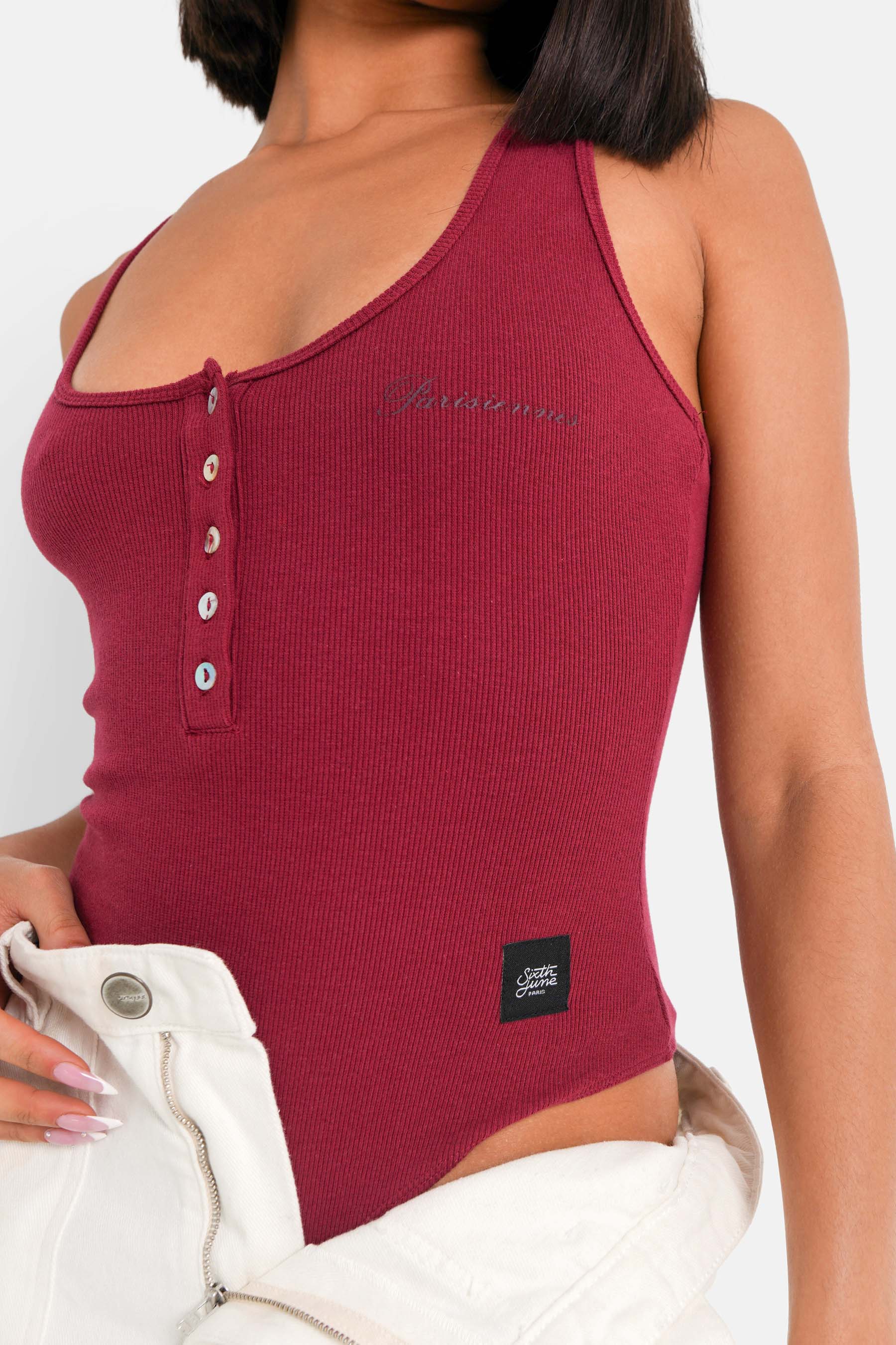 Body côtelé boutons Rouge foncé