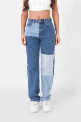 Three-coloured patchwork jeans Blue