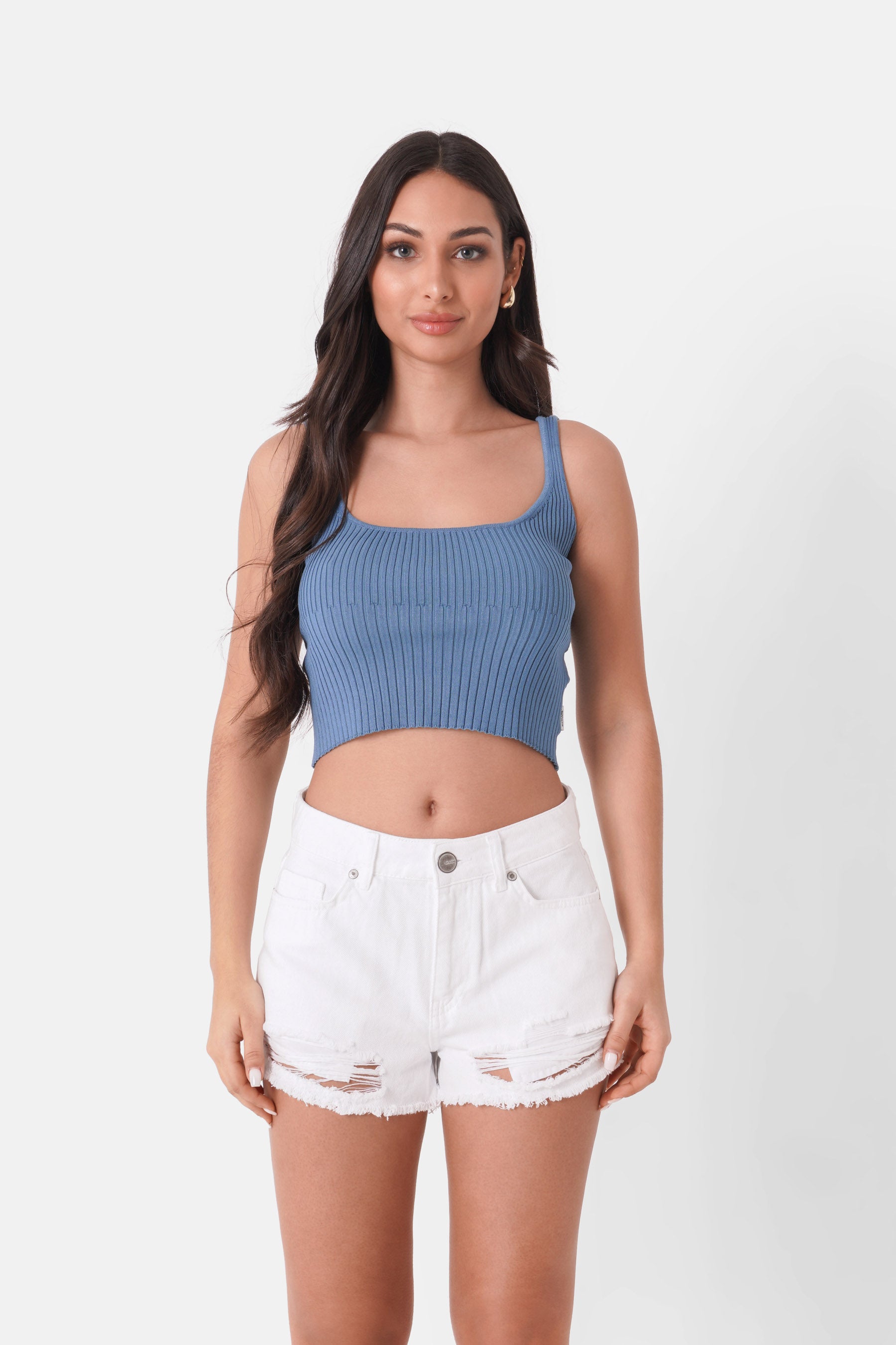 Débardeur tricot ouverture dos Bleu