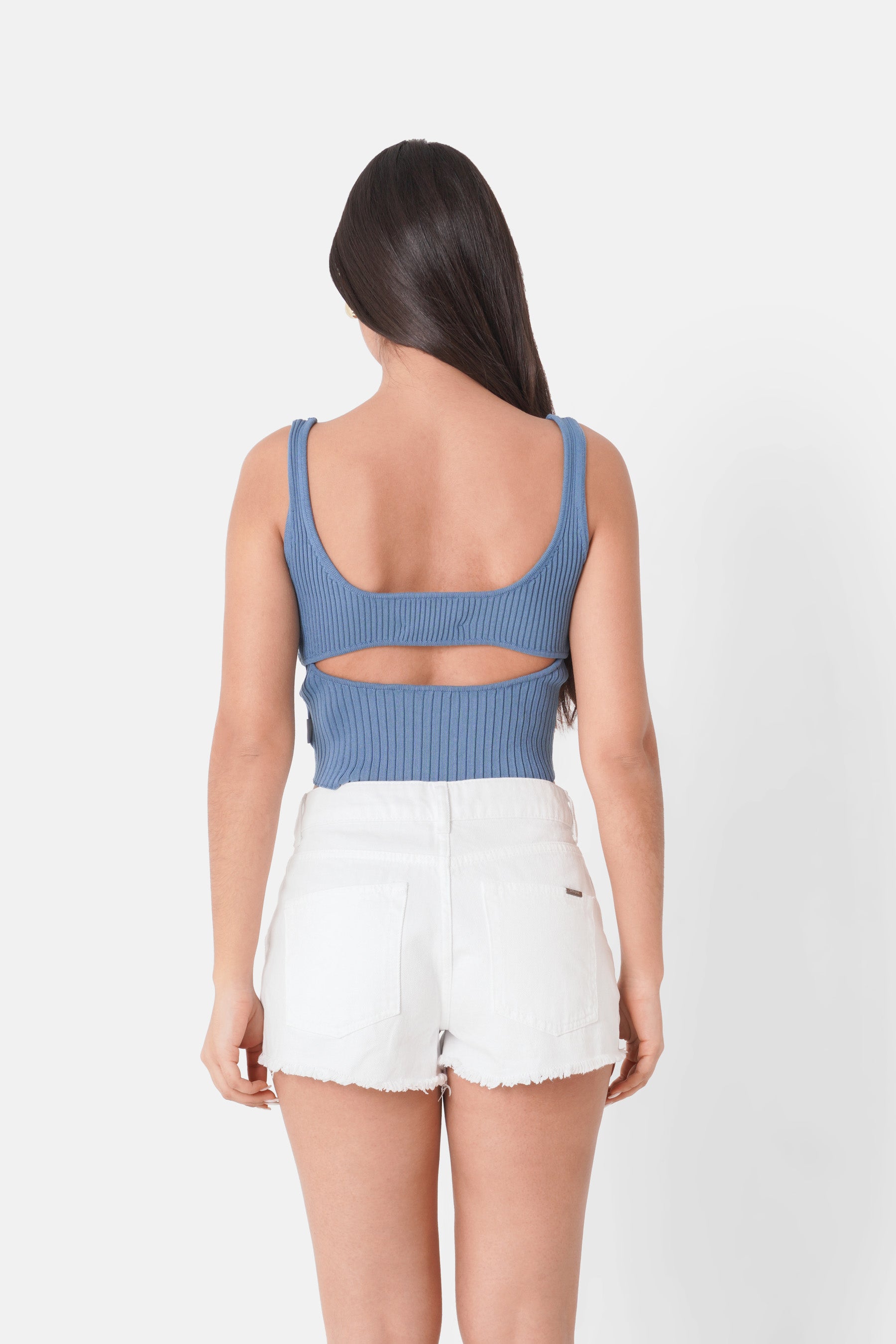 Débardeur tricot ouverture dos Bleu