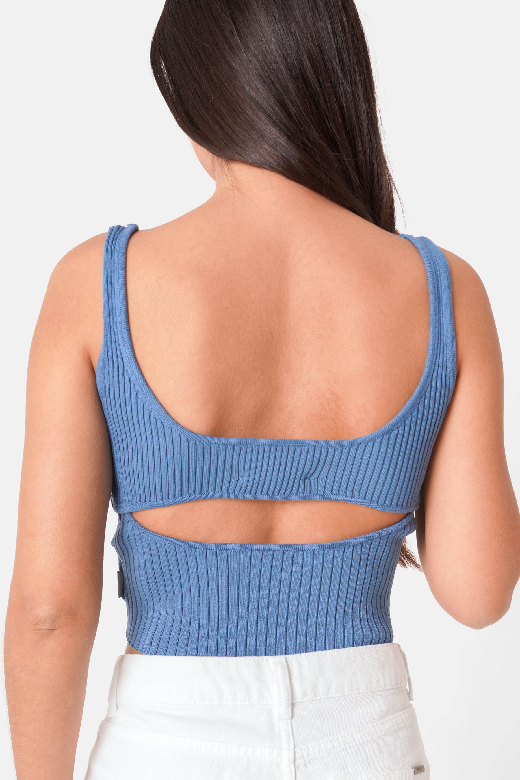 Débardeur tricot ouverture dos Bleu