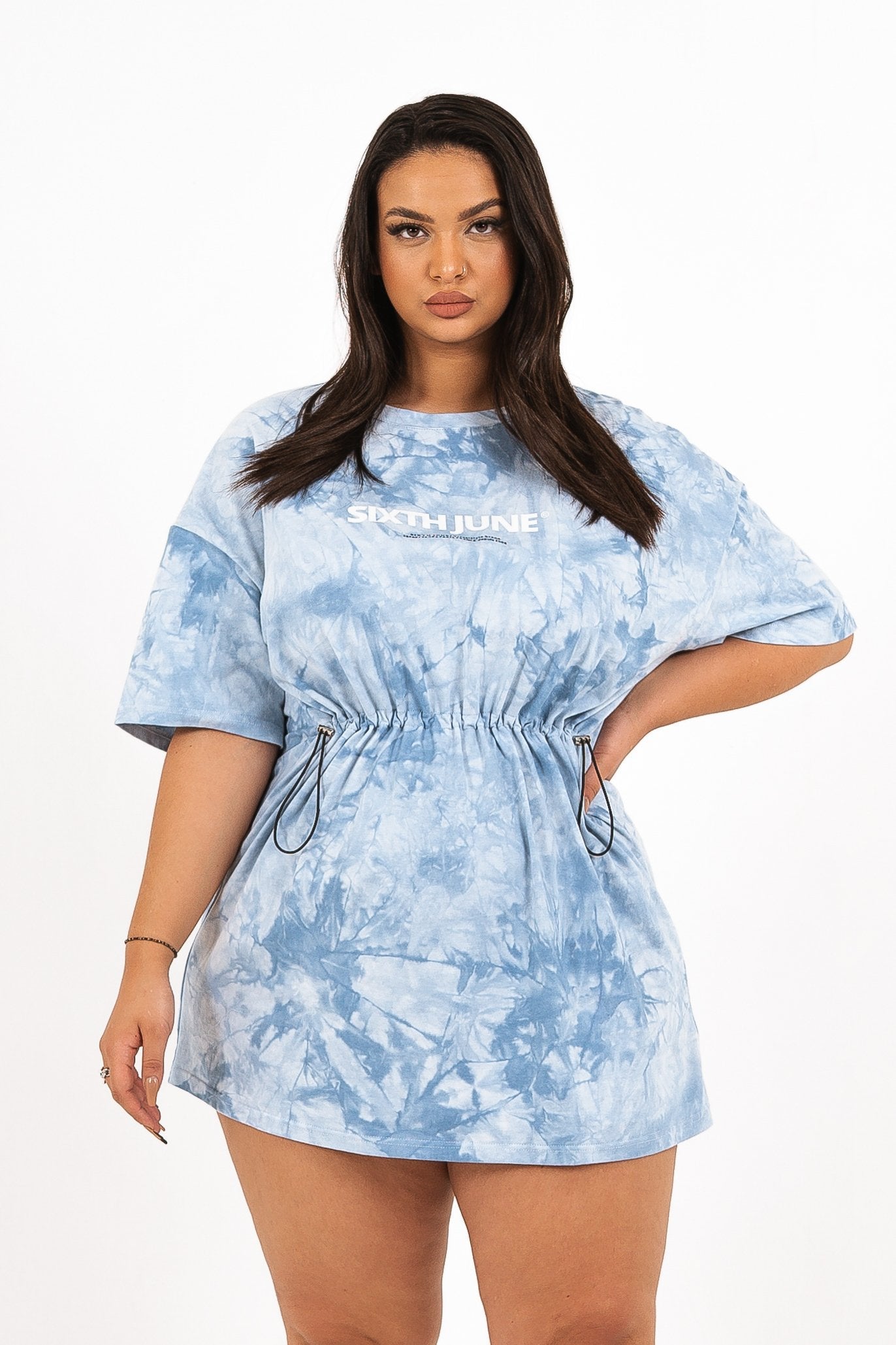 Tie dye drawstrings t-shirt dress Blue