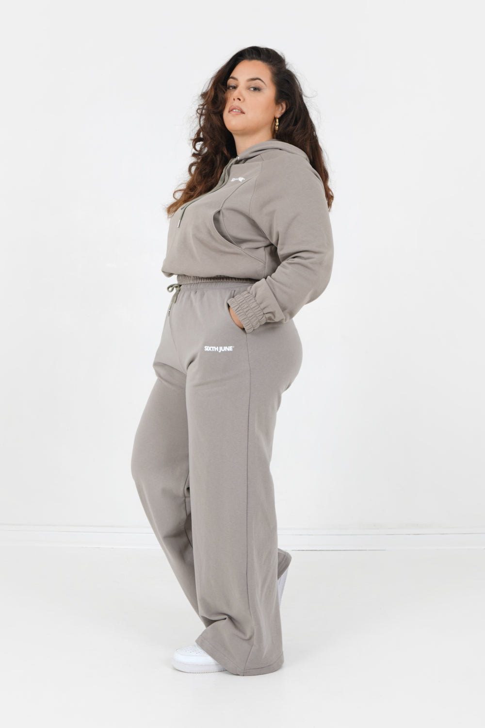 Sweat capuche court logo Taupe