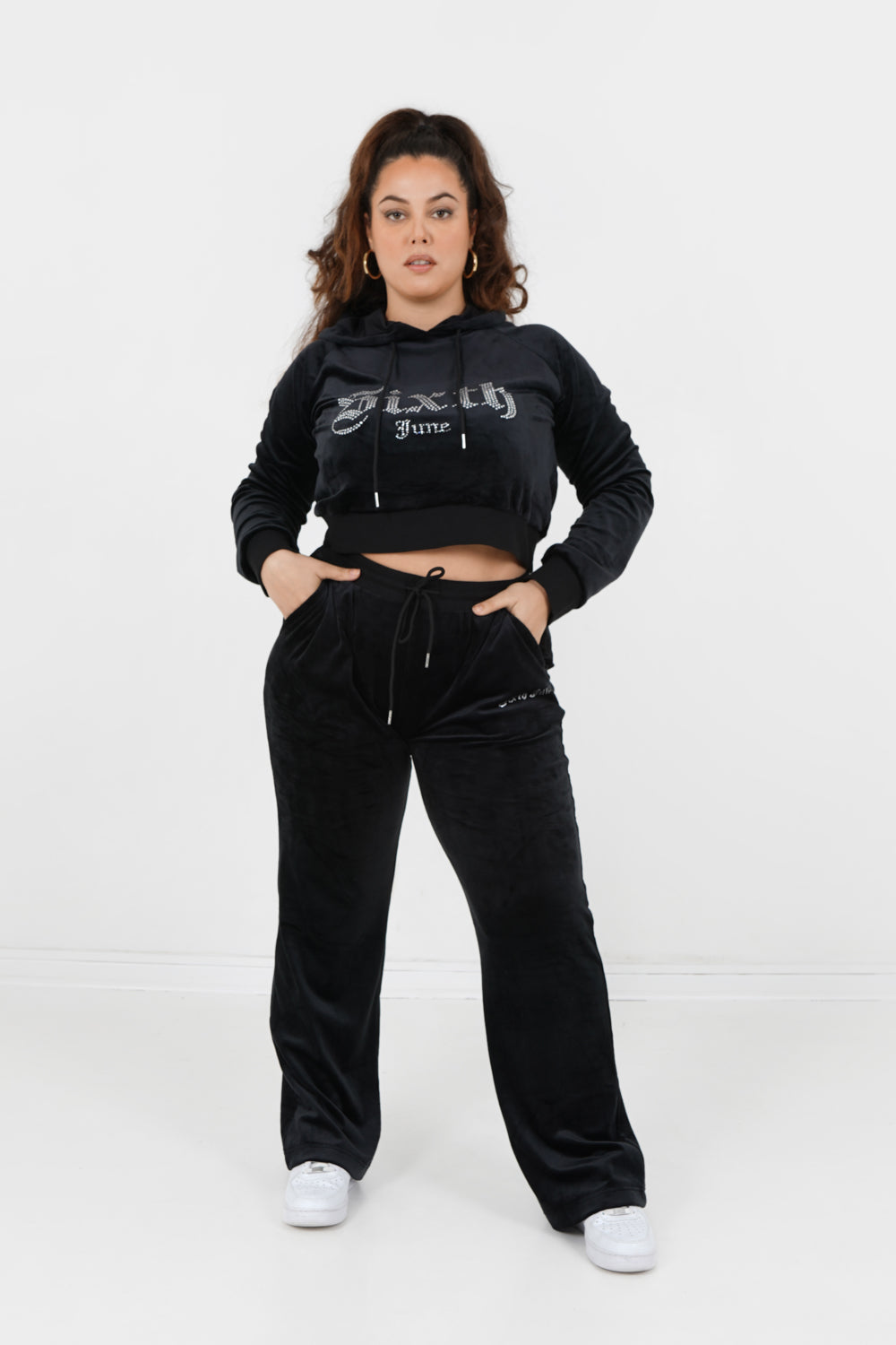 Sweatshirt capuche velours strass Noir