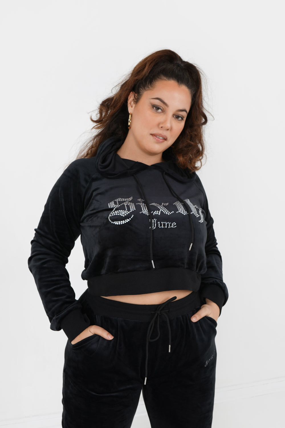 Sweatshirt capuche velours strass Noir