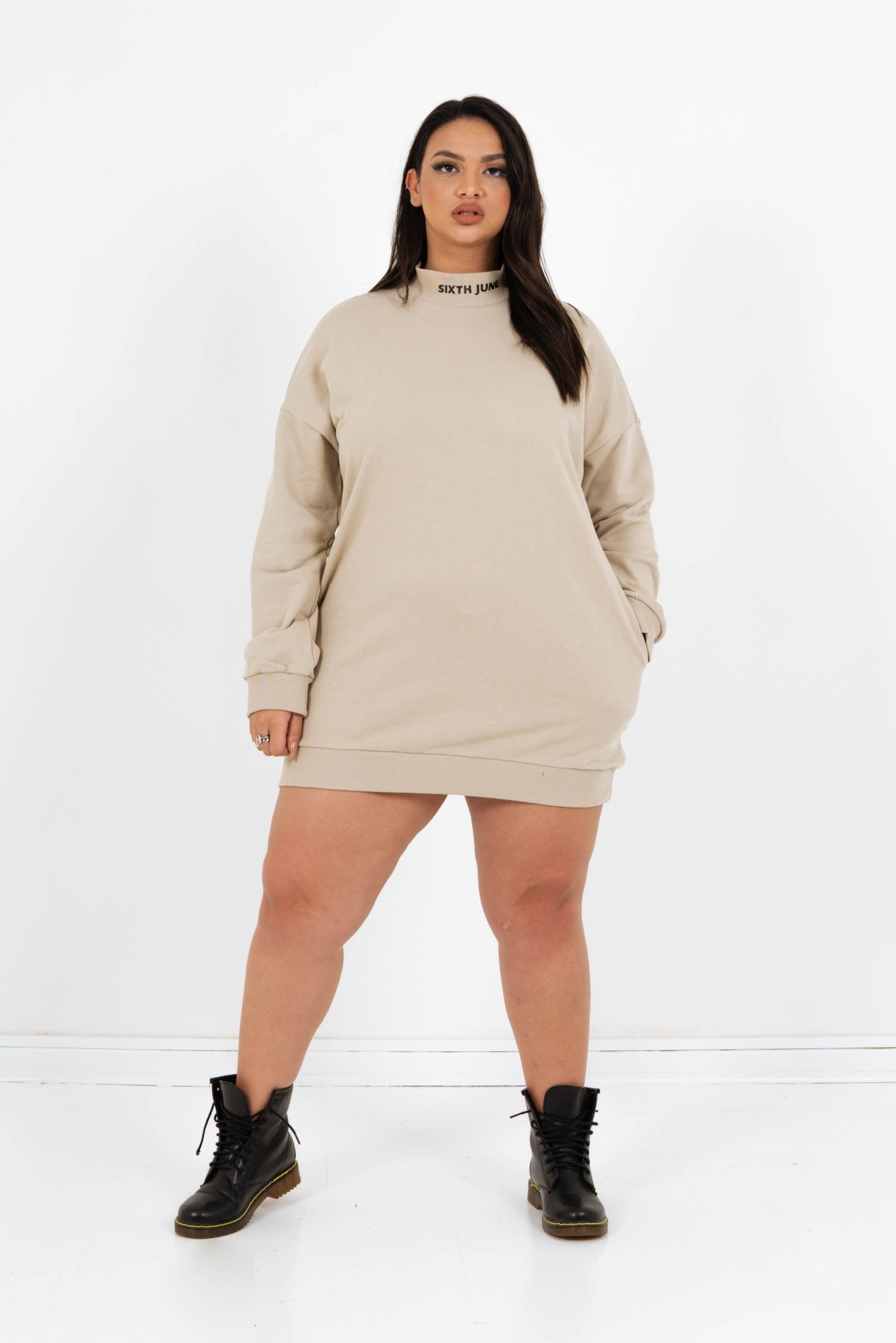 Robe sweat col côtelé Beige